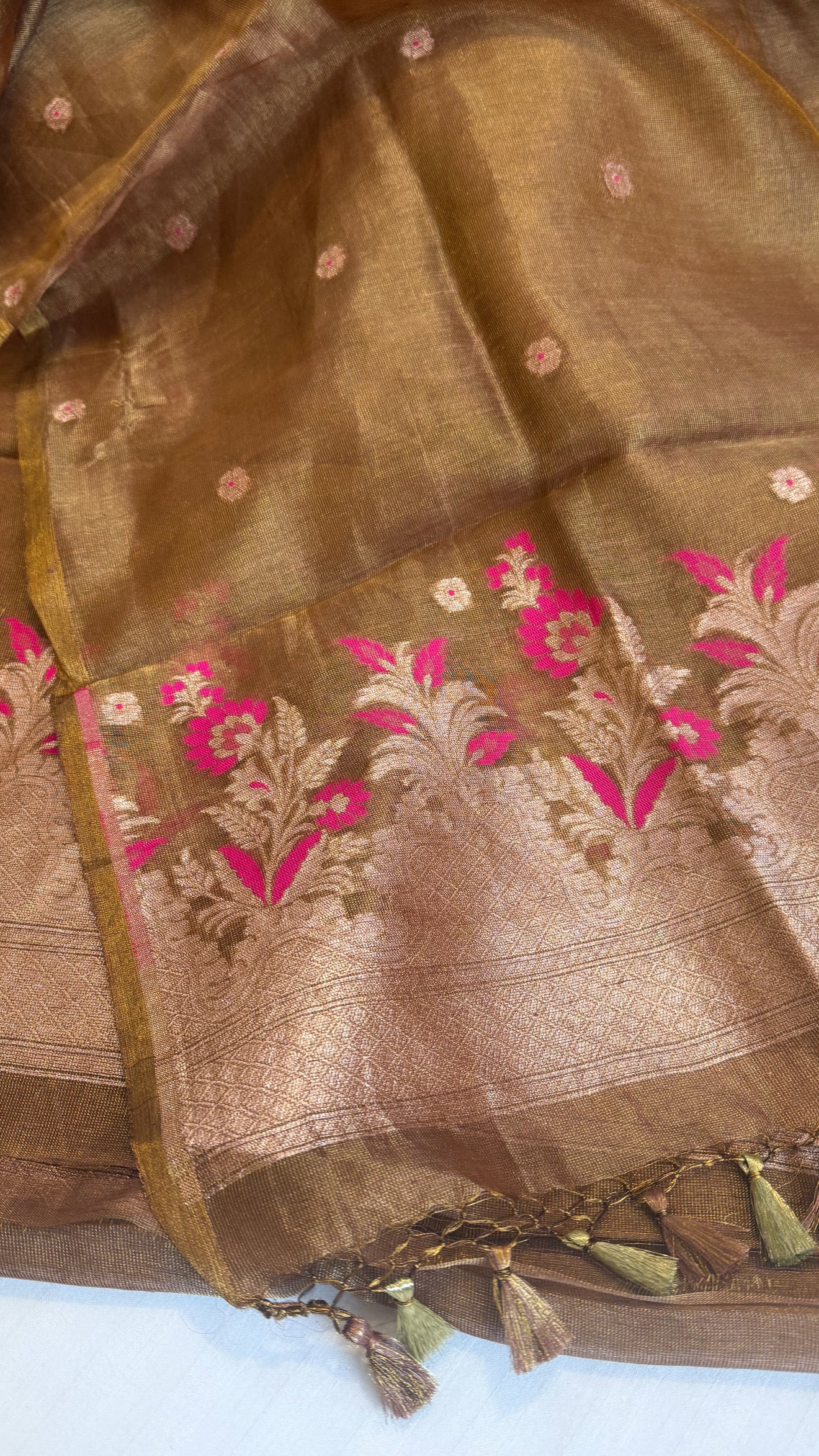 Linen tissue rose brown kadhwa meenakari buti suit sets