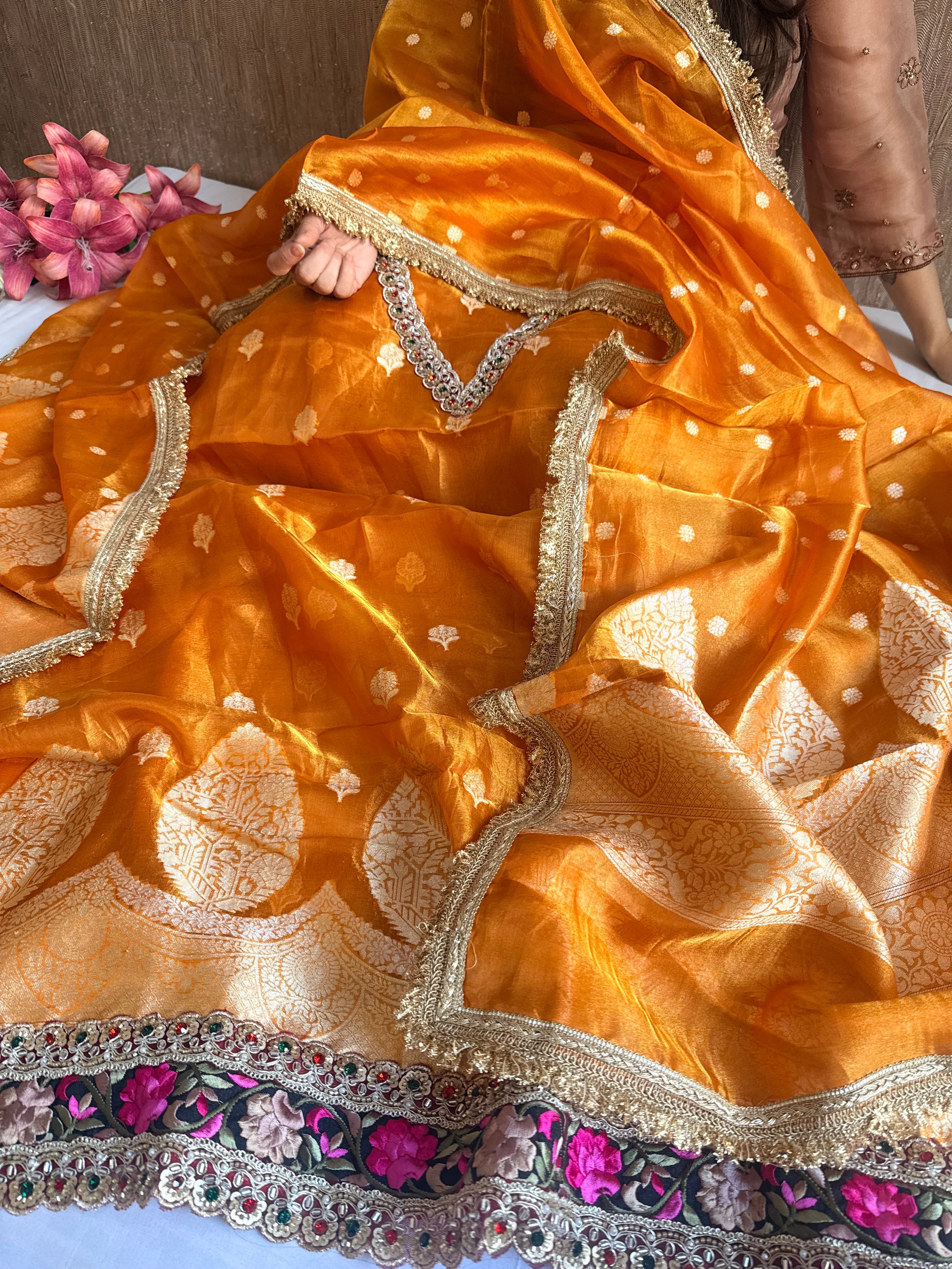 Navratna orange- yellow tissue silk kadhwa buti hand embroidered suit sets