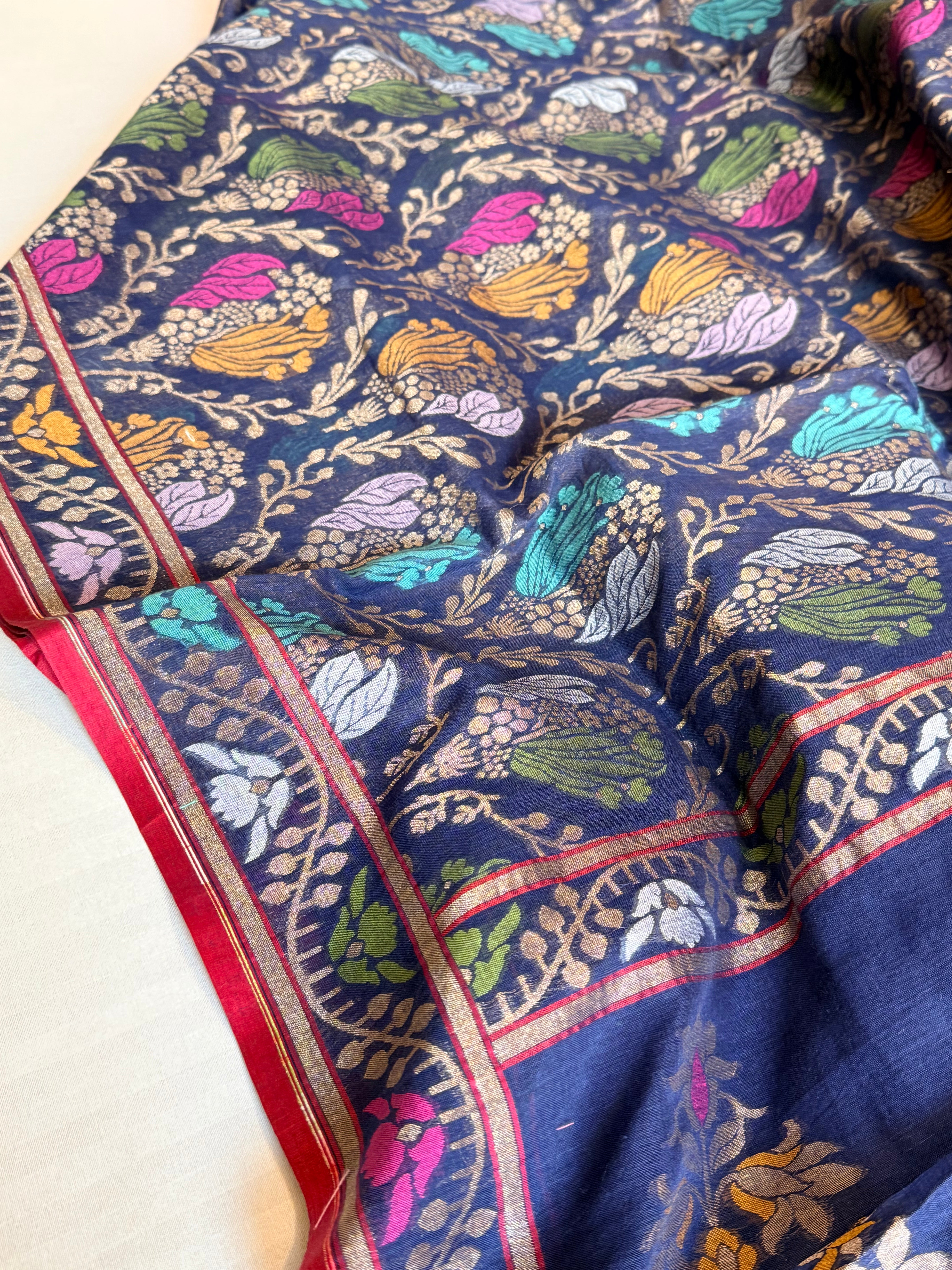 Iktara cotton jamdani navy blue meenakari saree