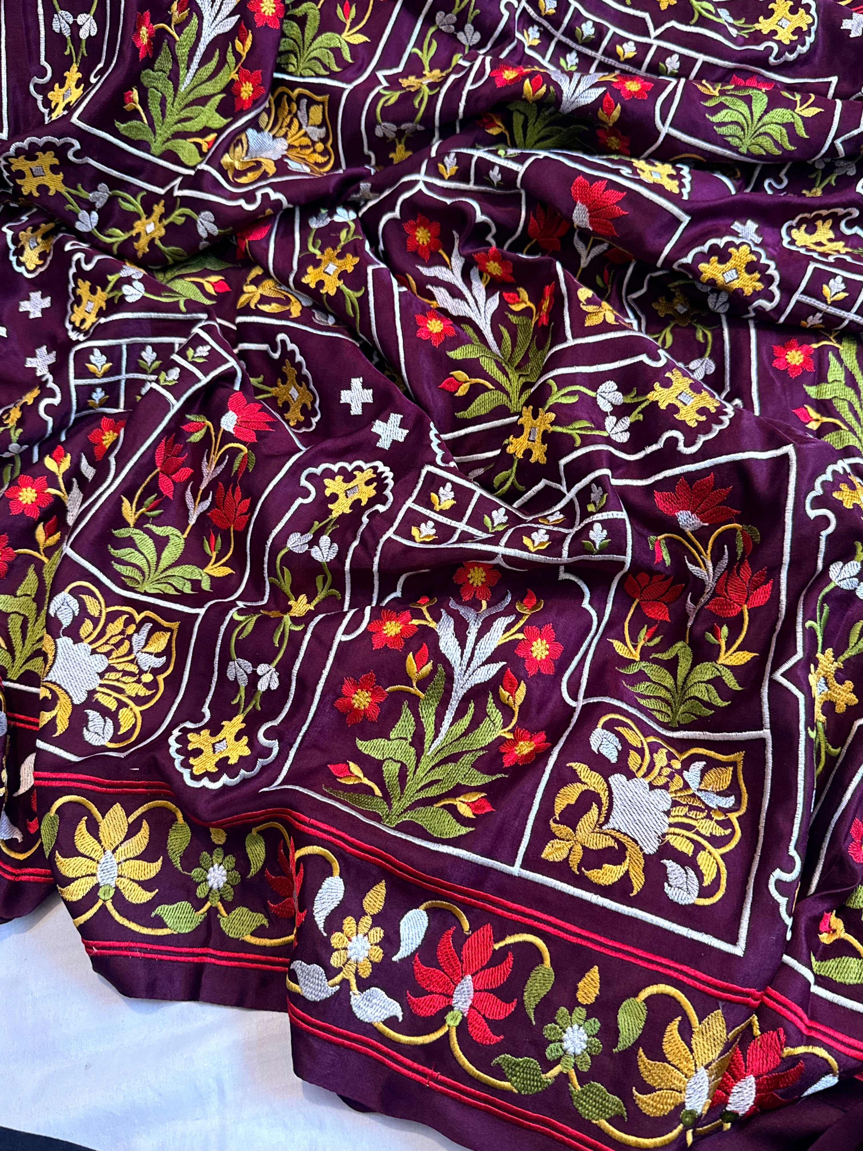 Jamdani hand embroidered wine mashru silk thread embroidered saree