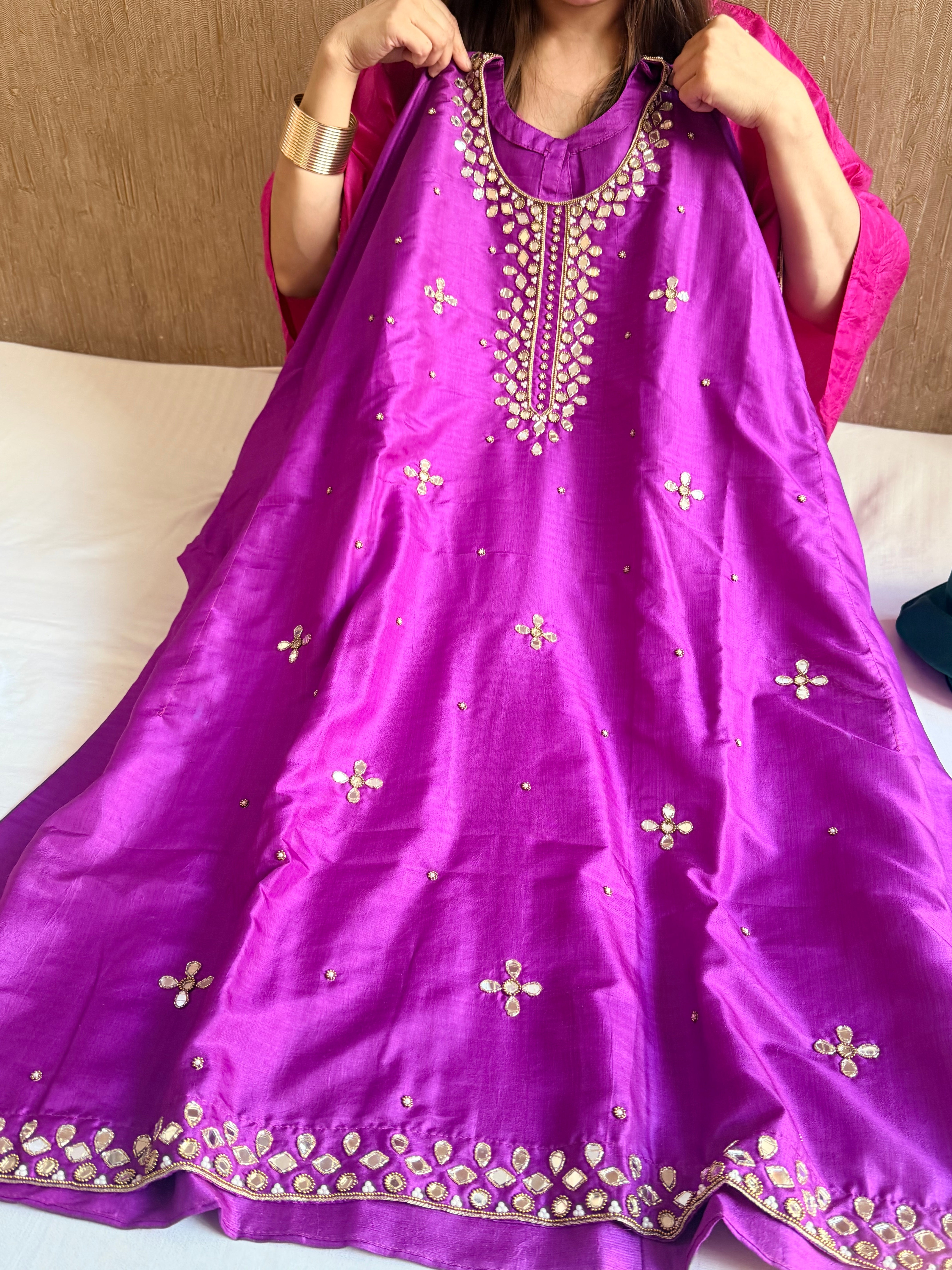 Mashru satin silk banarasi mirrorwork free size kaftan set with bottom
