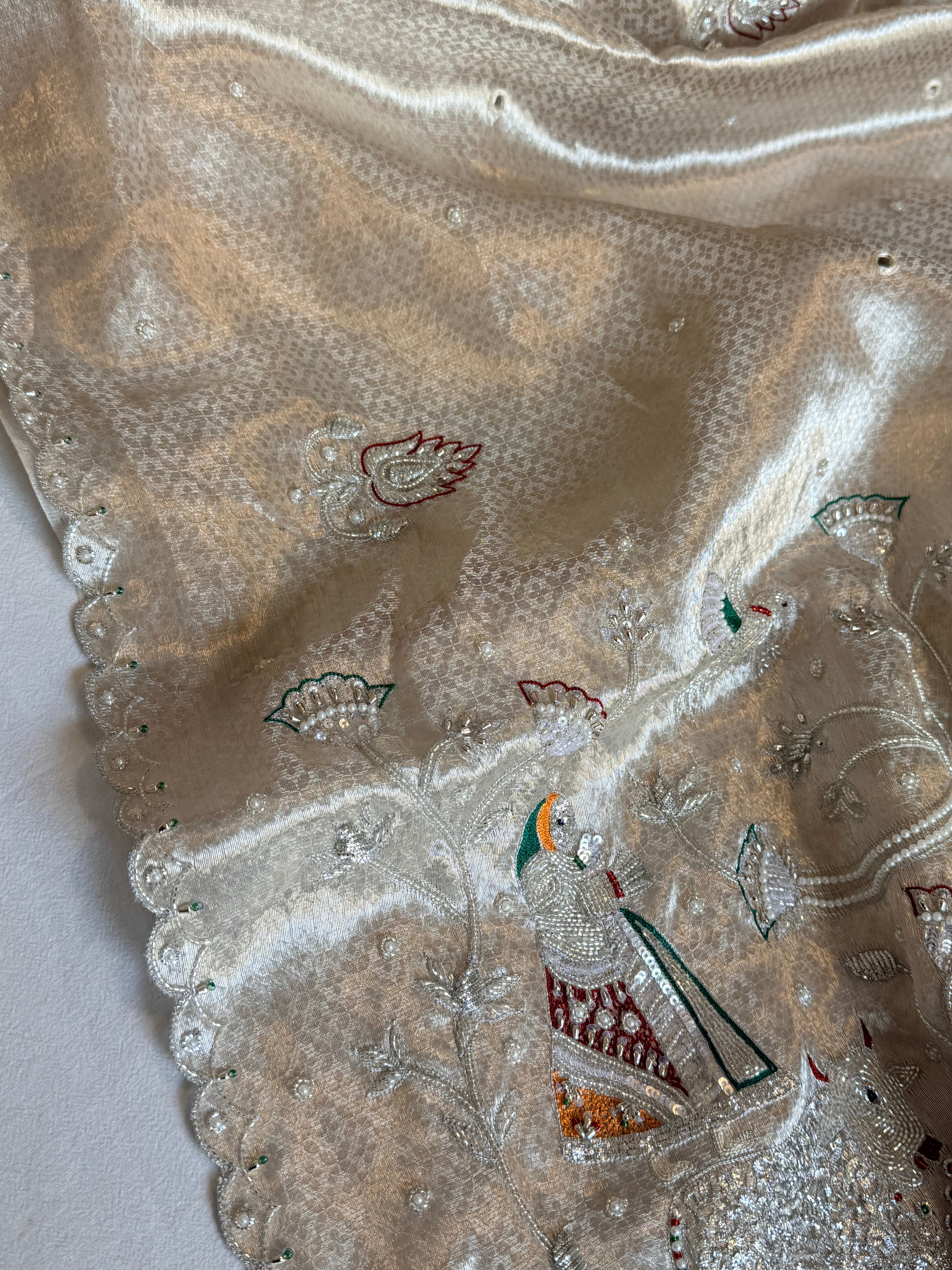 Chandi silver tissue brocade shrinathji motif inspired kadhwa hand embroidered saree