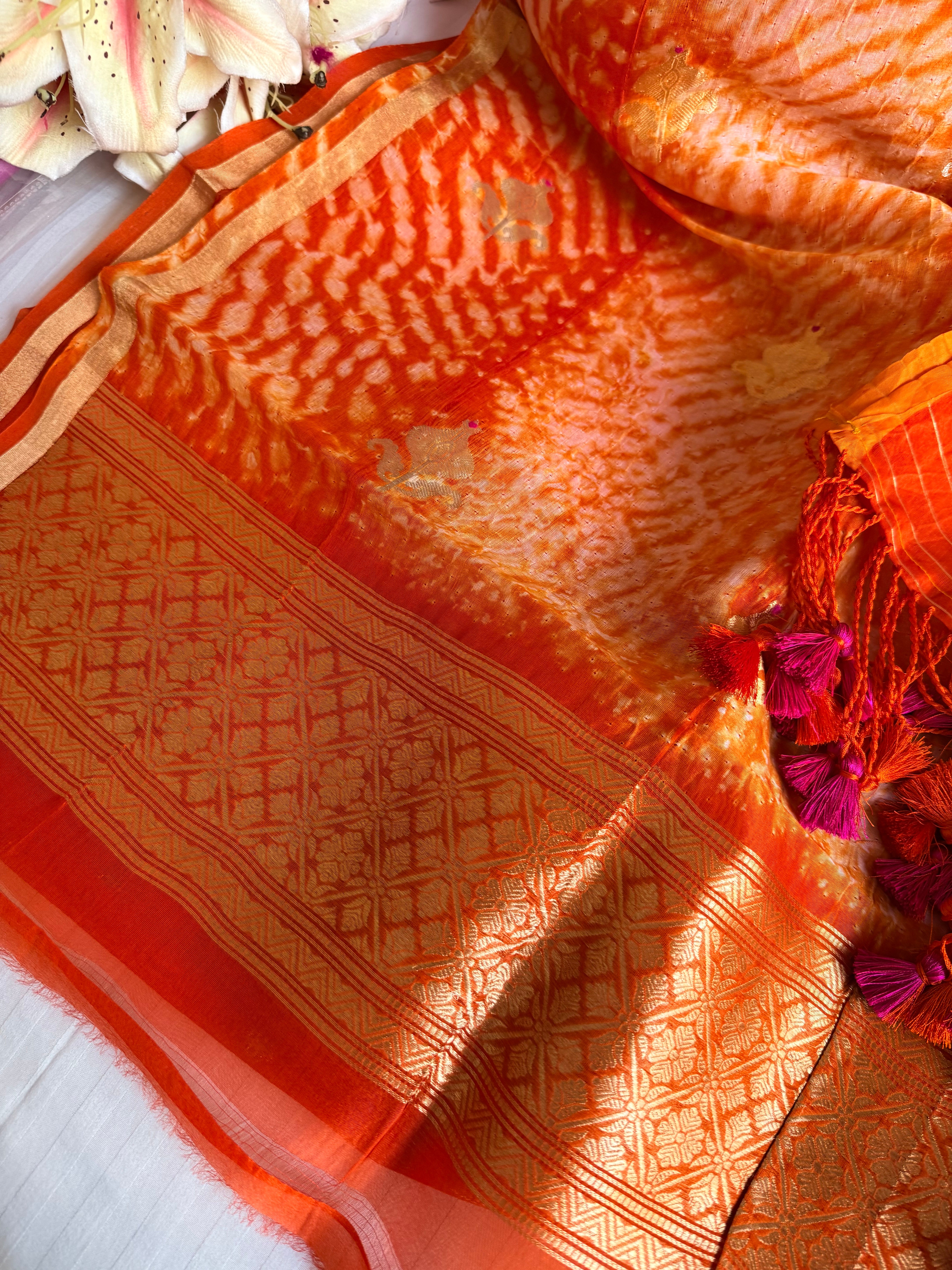 Shibori dye banarasi kora silk rani-orange kadhwa buti suit set