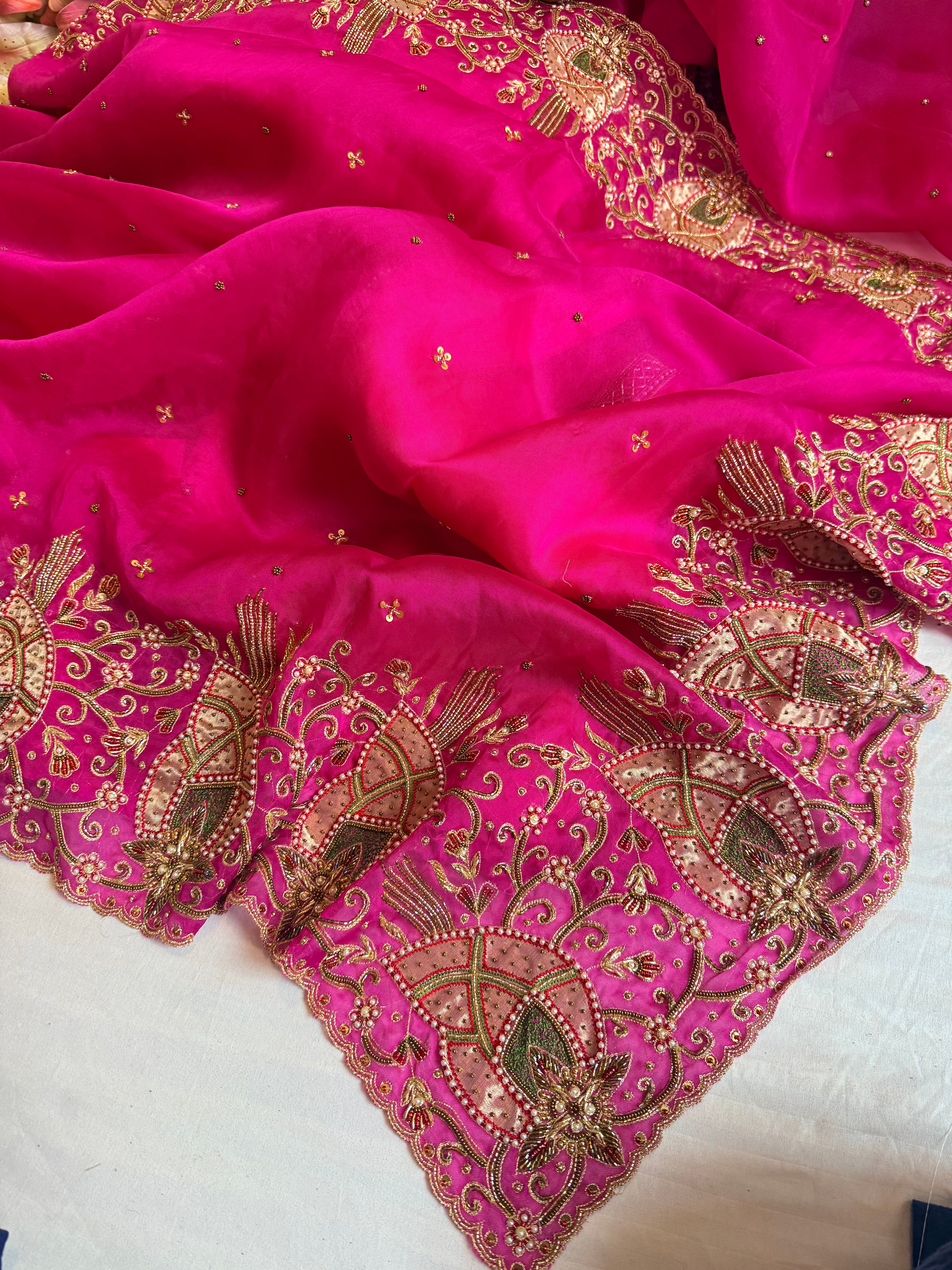 Gulab genda edit - Banarasi Kora silk hot pink hand embroidered saree