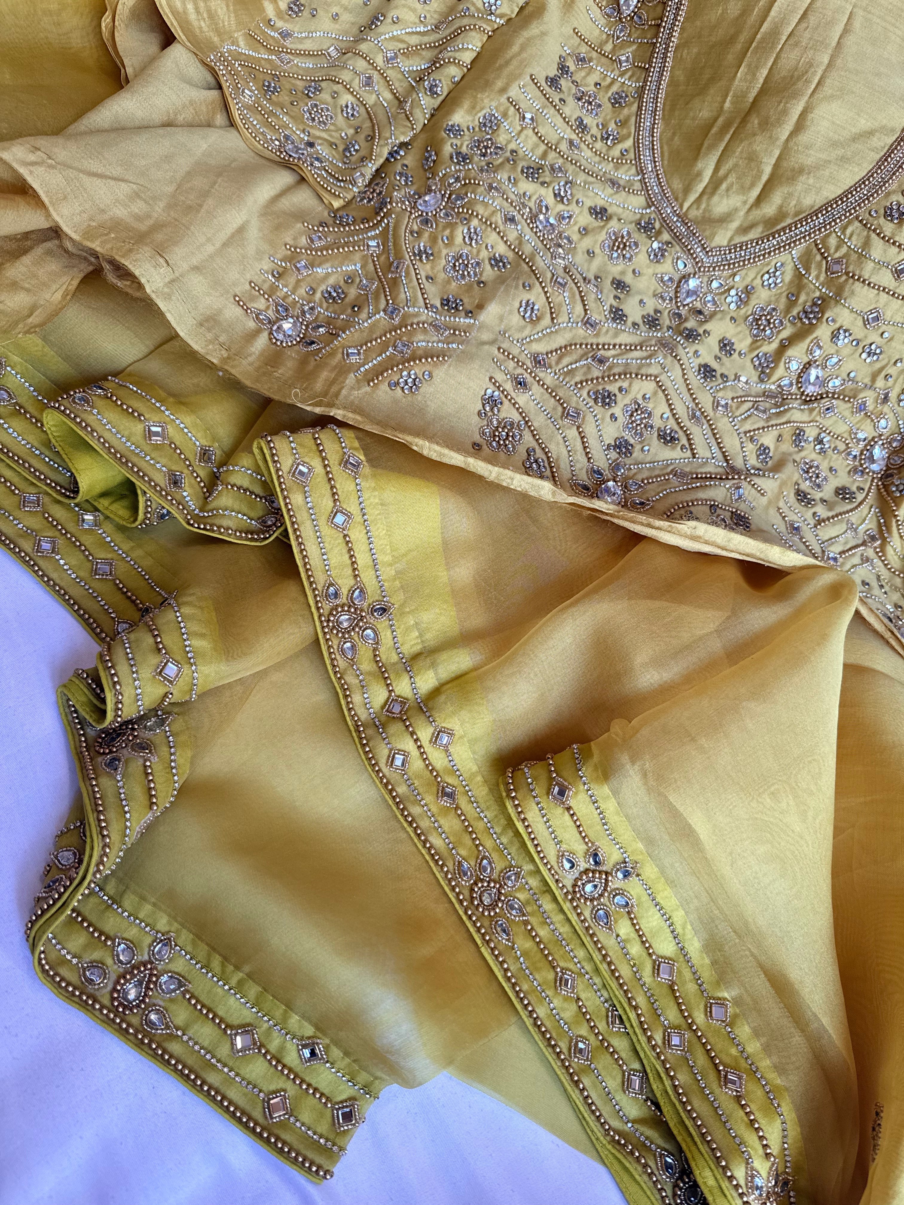 Banarasi lime green kora silk polki hand embroidered kadhwa saree