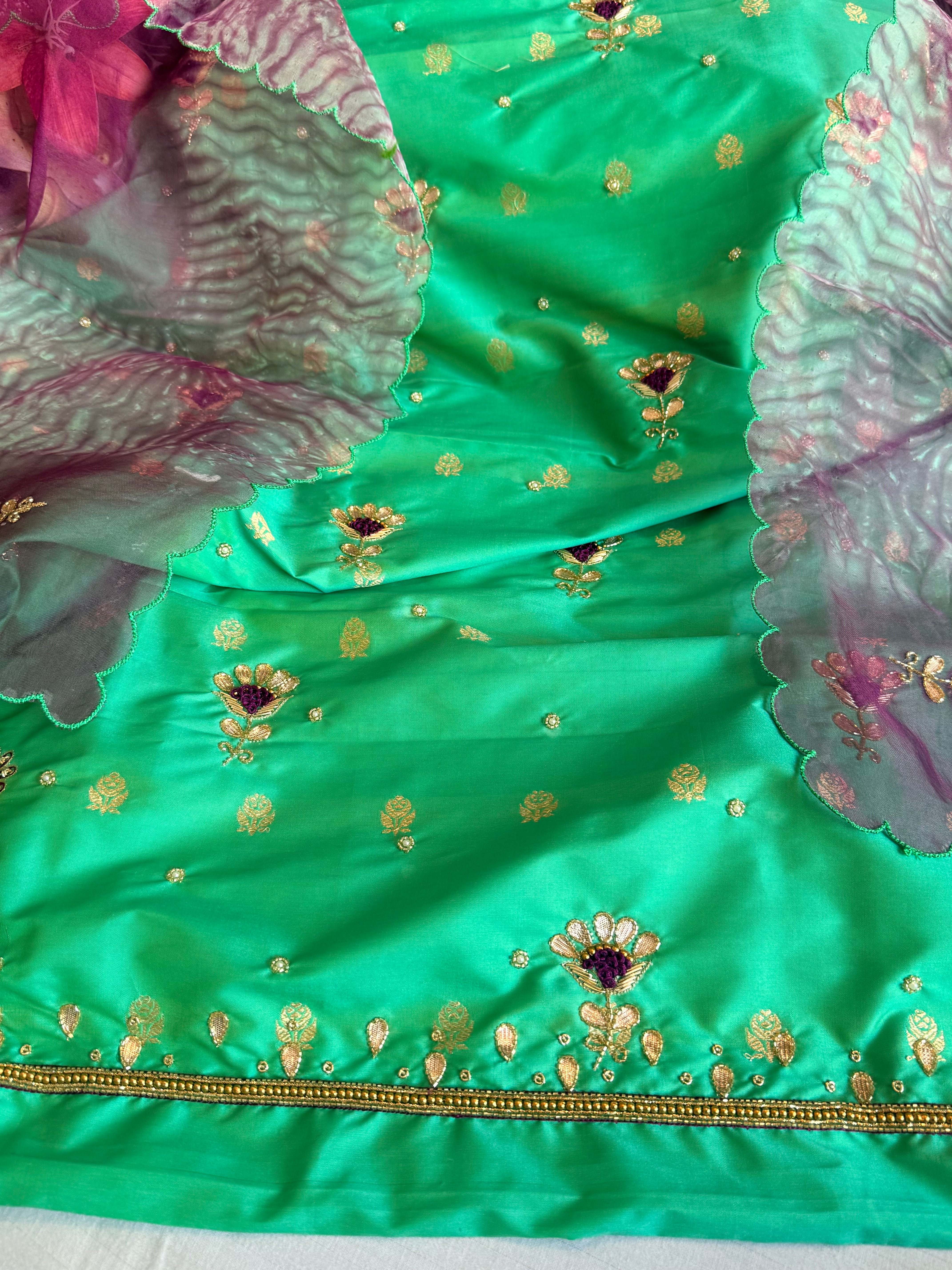 Katan silk hand embroidered banarasi kurta paired with kora silk duppata