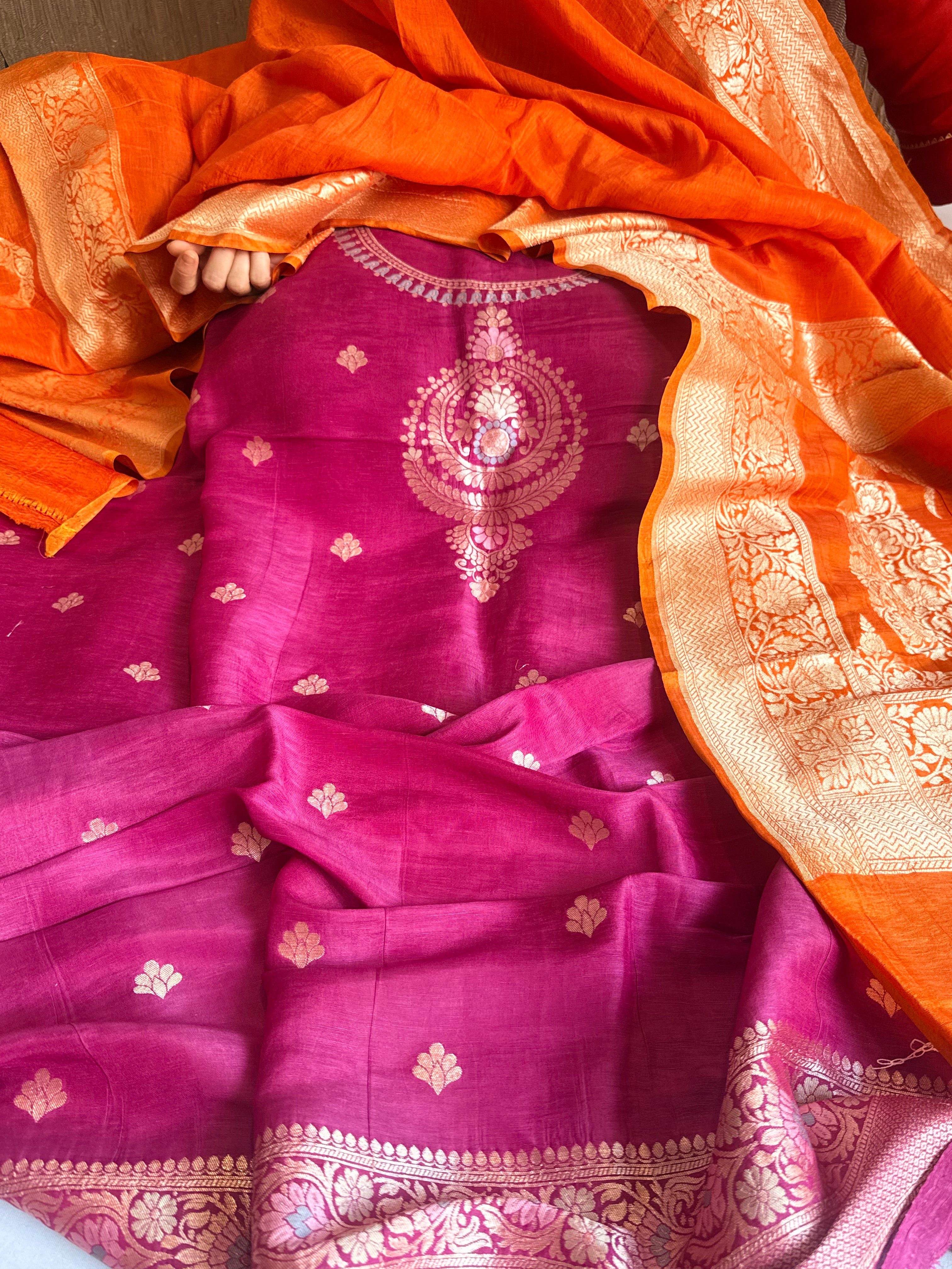 Banarasi linen gorgette neckwork weaving meenakari suit set