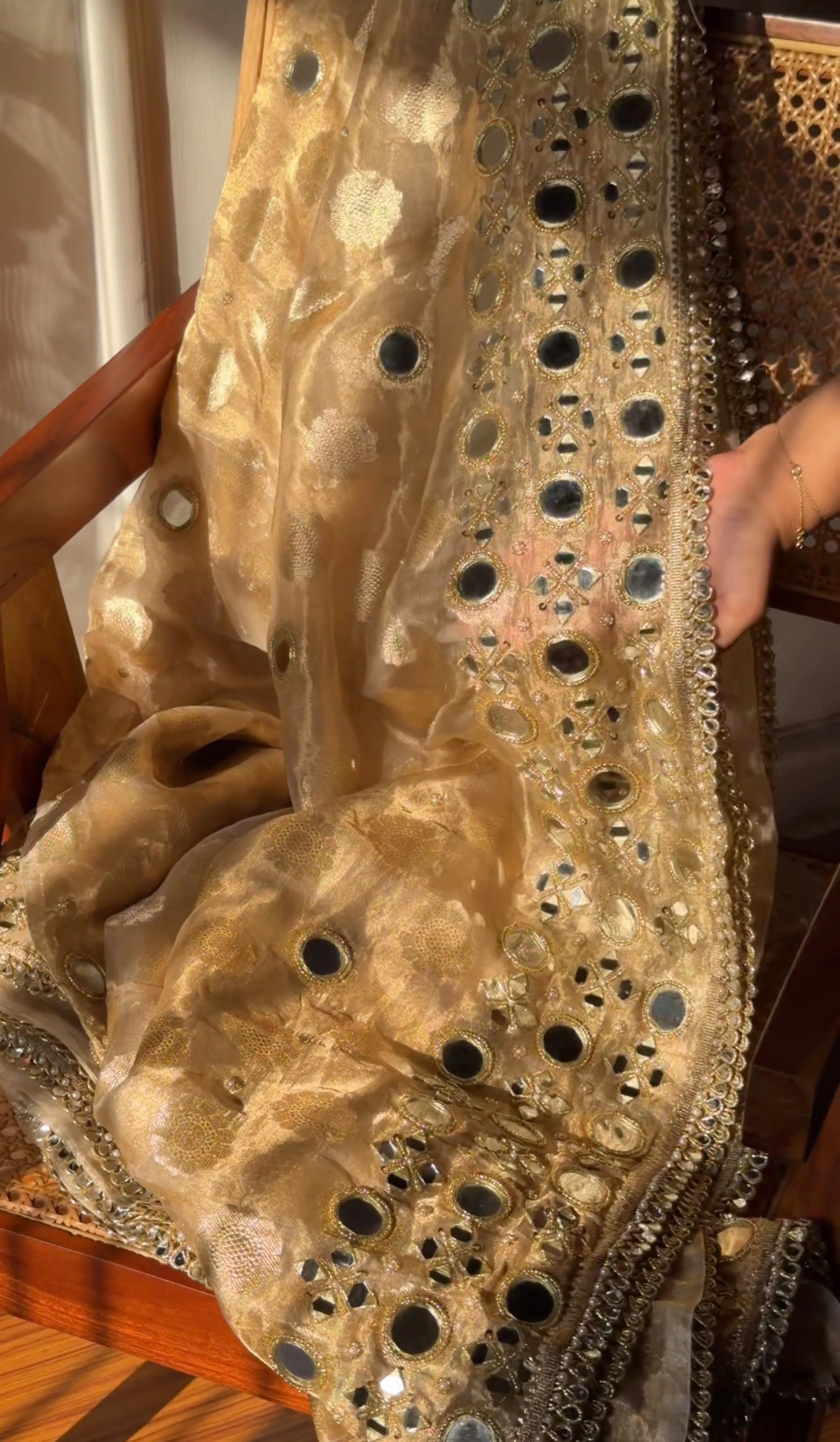 Butter gold kaanch wali mirrorwork hand embroidered tissue silk buti saree