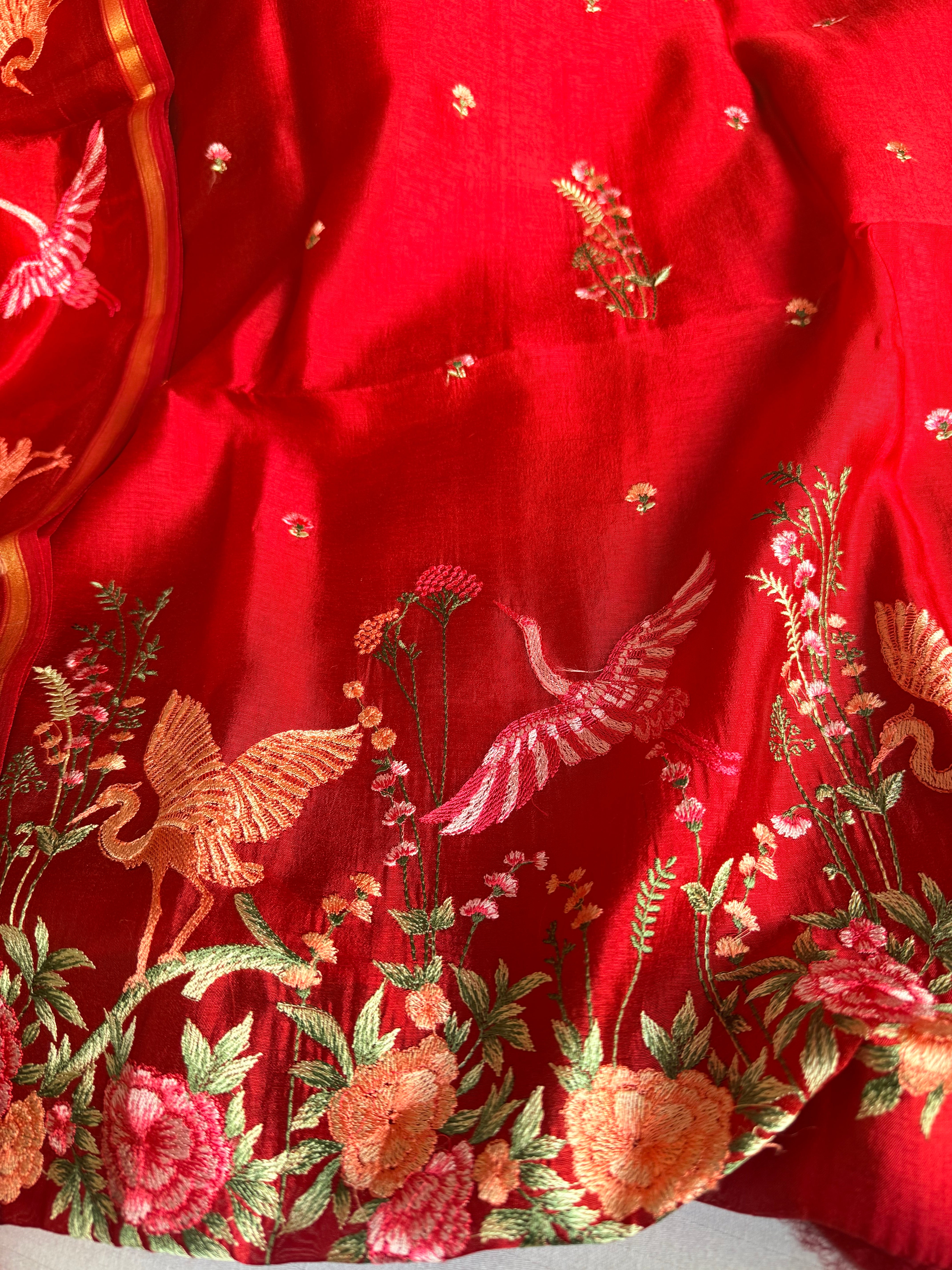 Suits under 10k - Spun chiniya silk parsi gara hand embroidered suit set