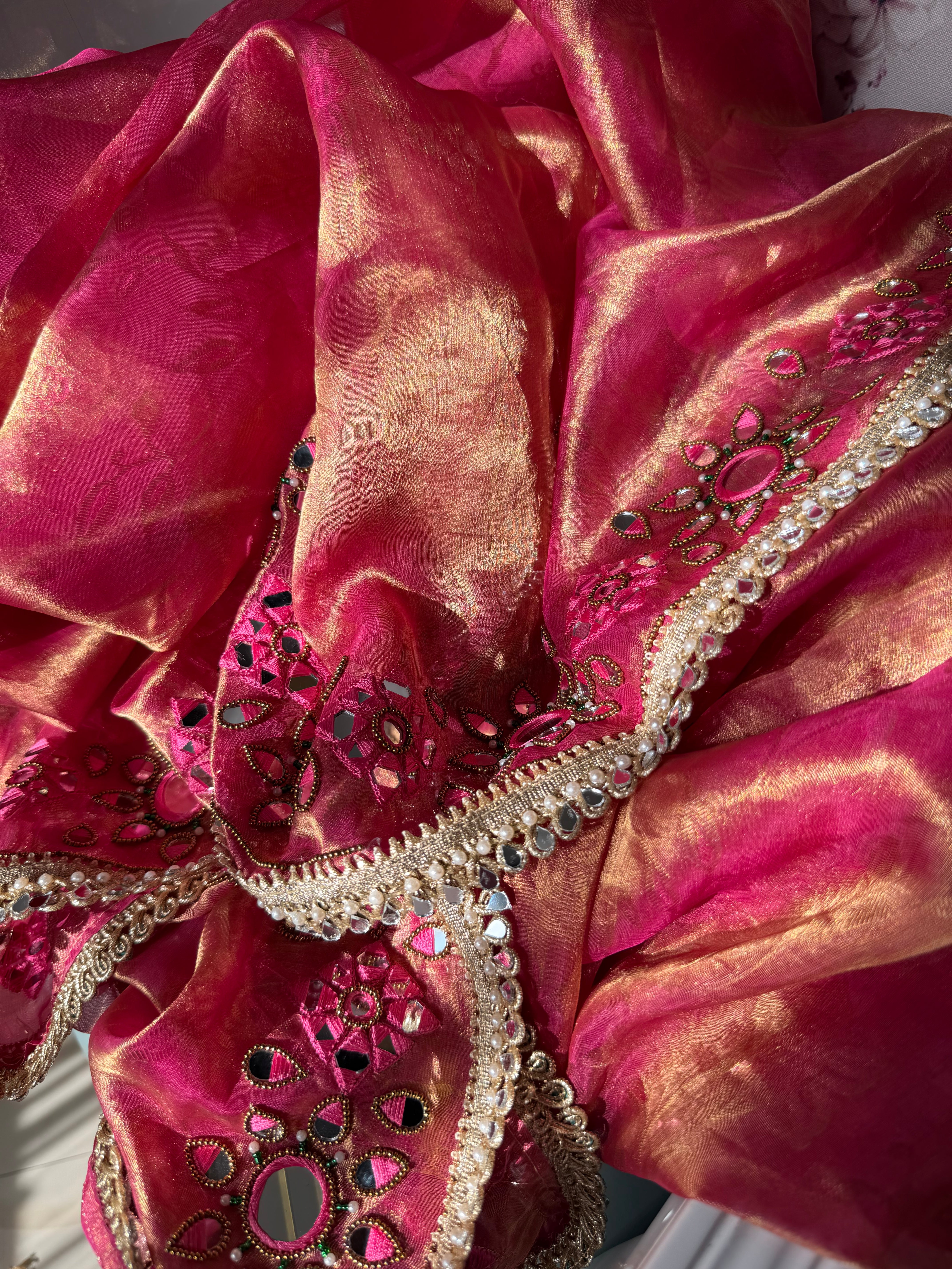 Desi barbie pink tissue tanchoi mirrorwork banarasi kadhwa saree