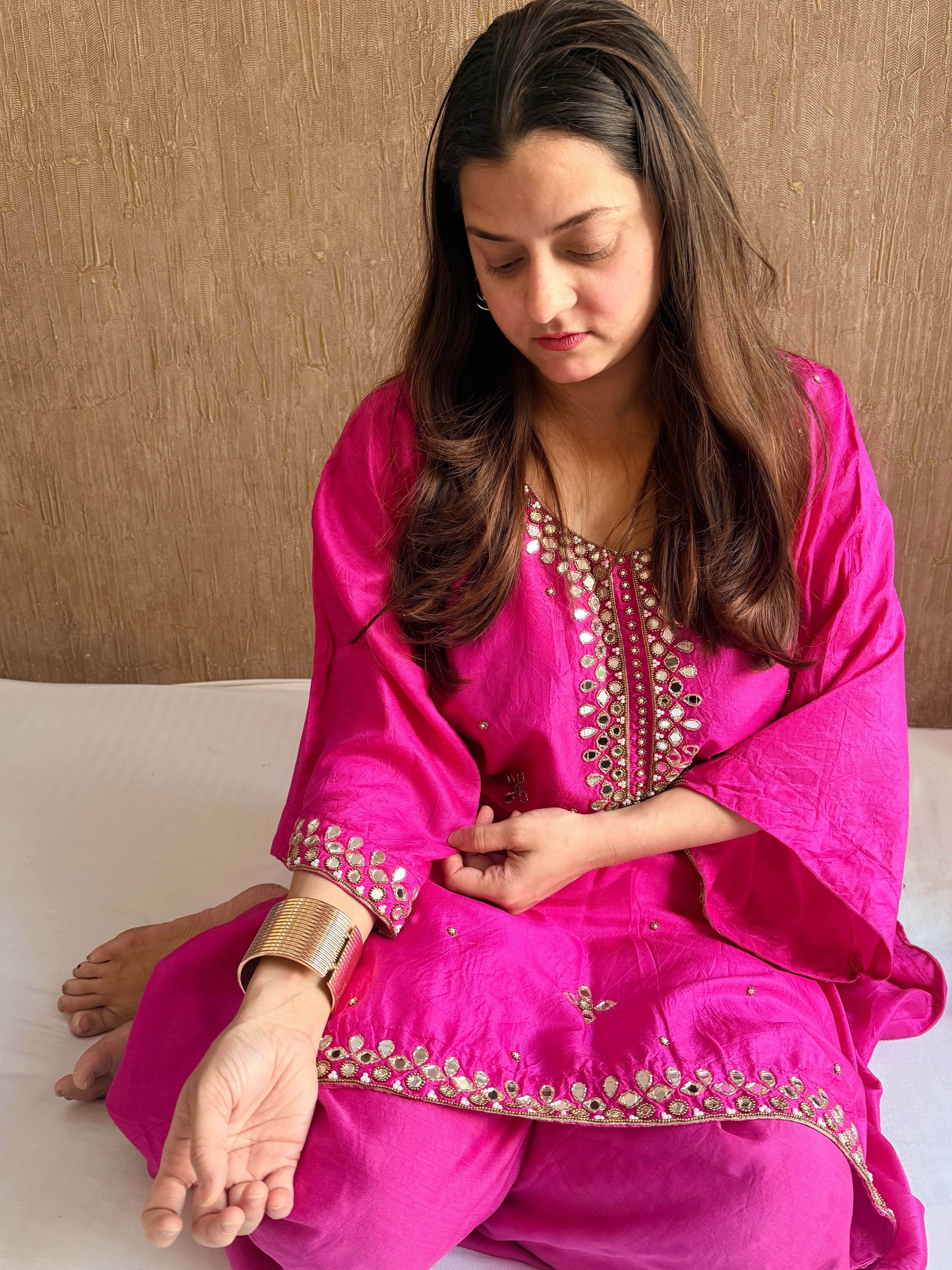 Mashru satin silk free size mirror work hand embroidered kaftan set with bottom