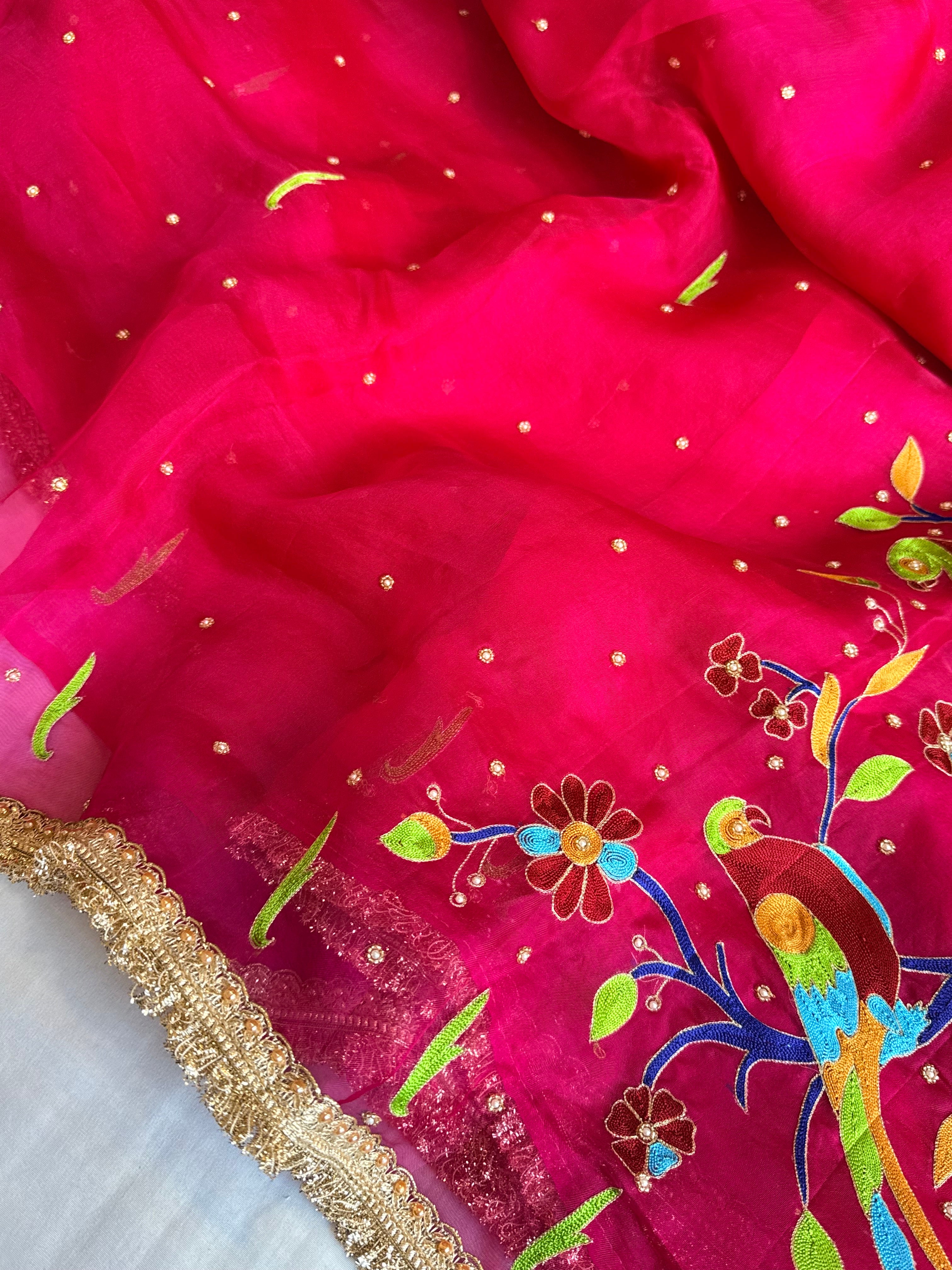 Hot pink kora silk paithani meenakari hand embroidered saree