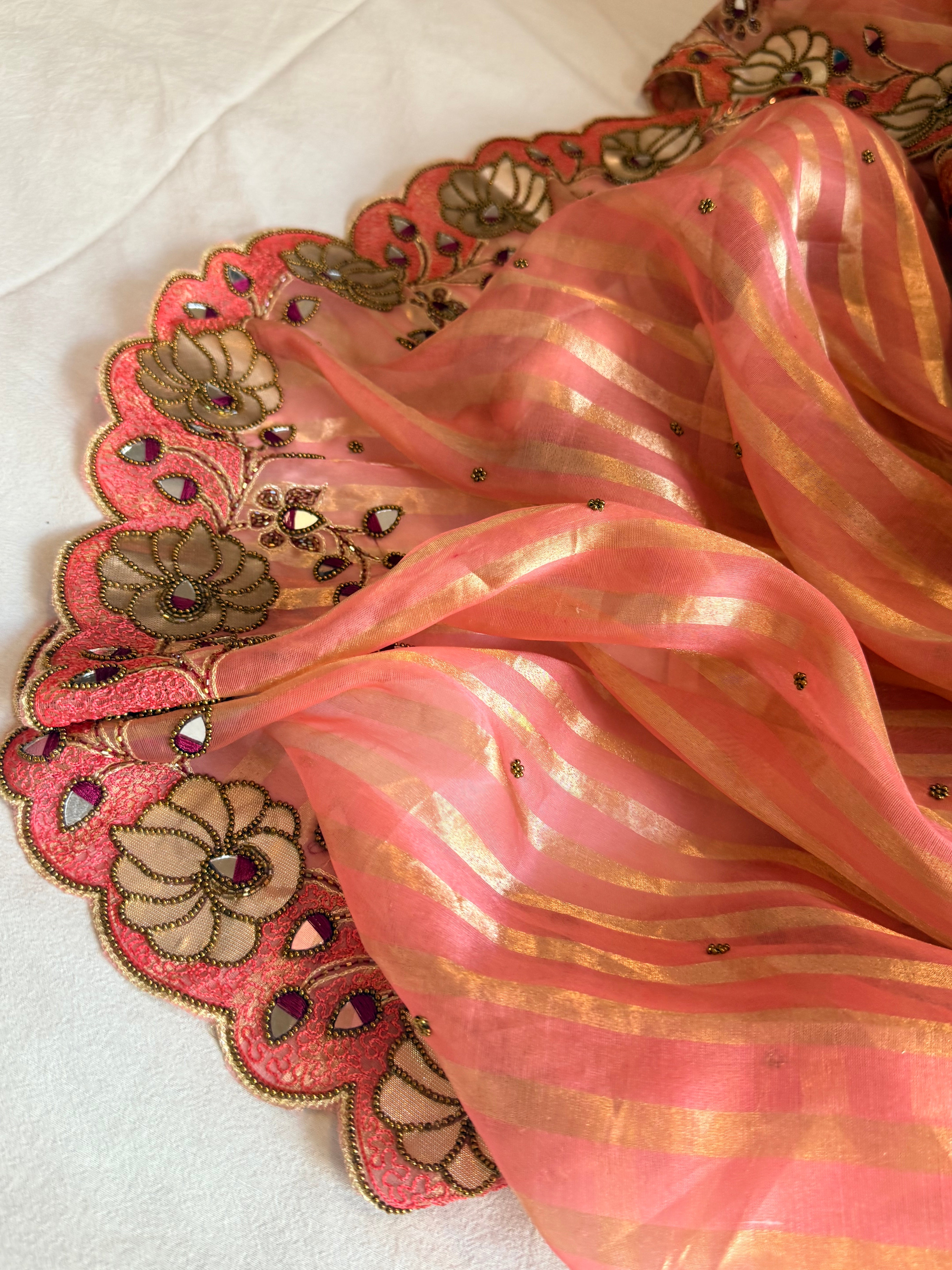 Phool wali rangeen tissue silk striped rangkaat hand embroidered saree