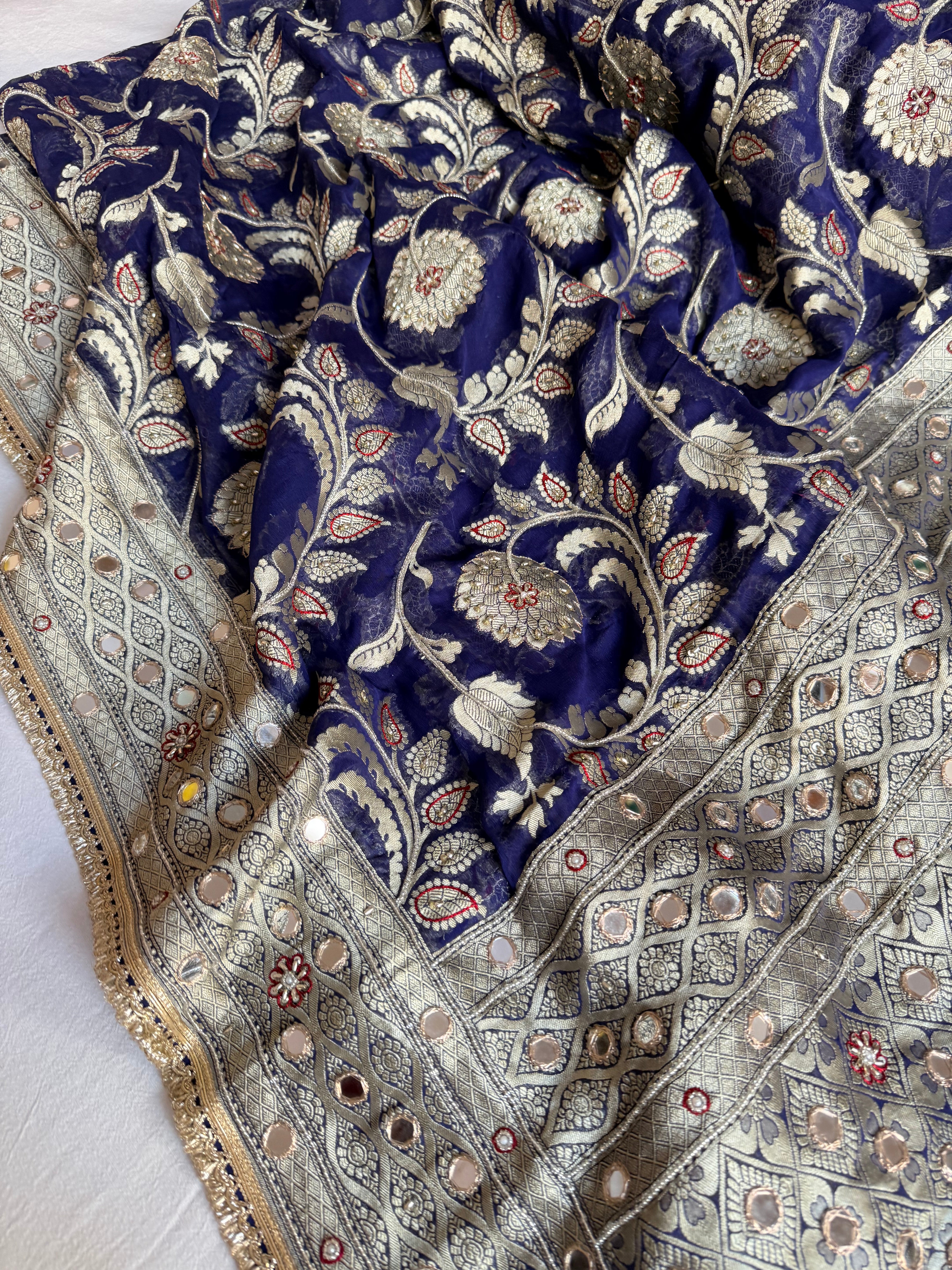 Banarasi chiffon gorgette kadhwa weaving hand embroidered saree