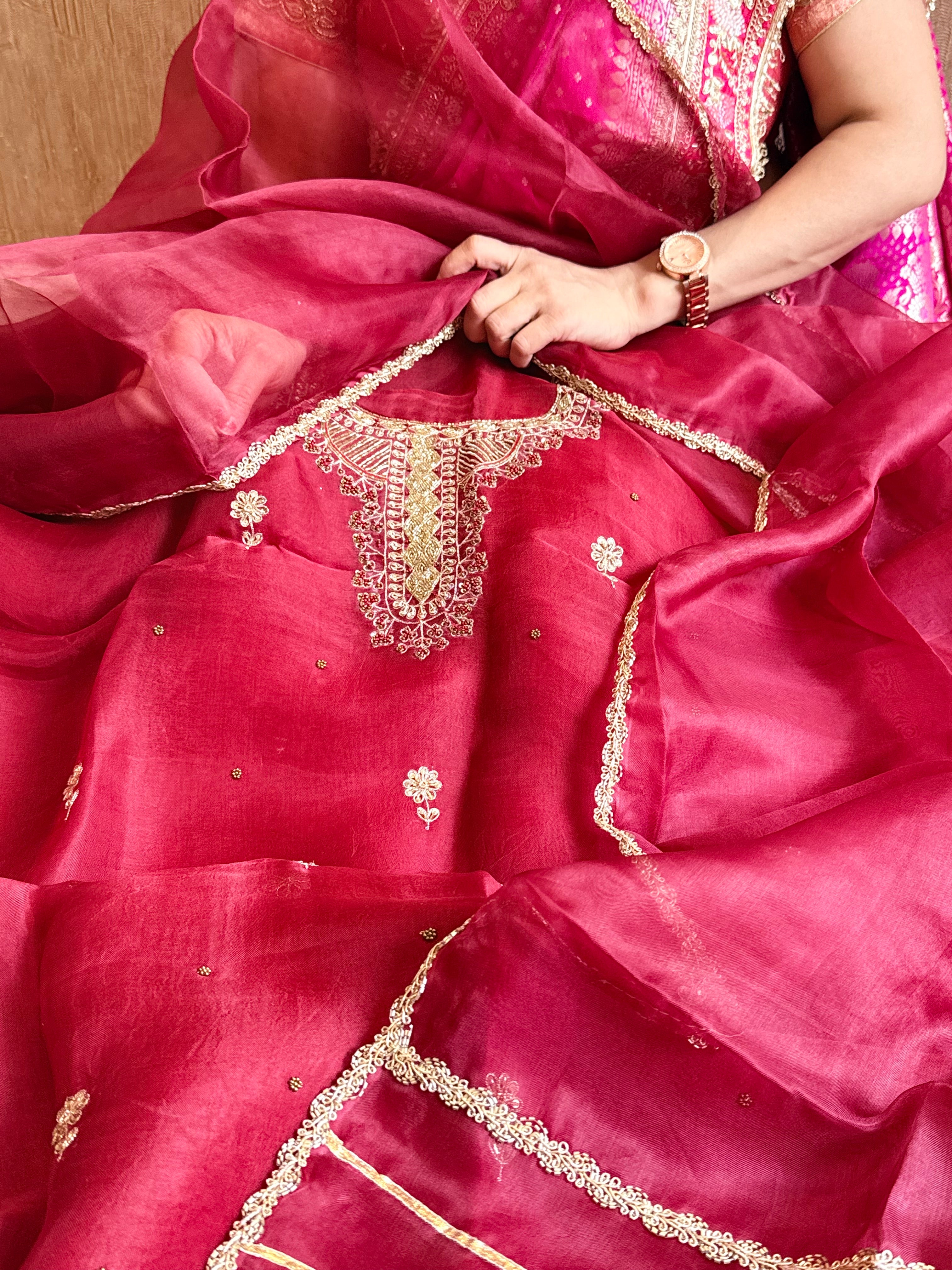 Cranberry red kora silk hand embroidered kadhwa suit set