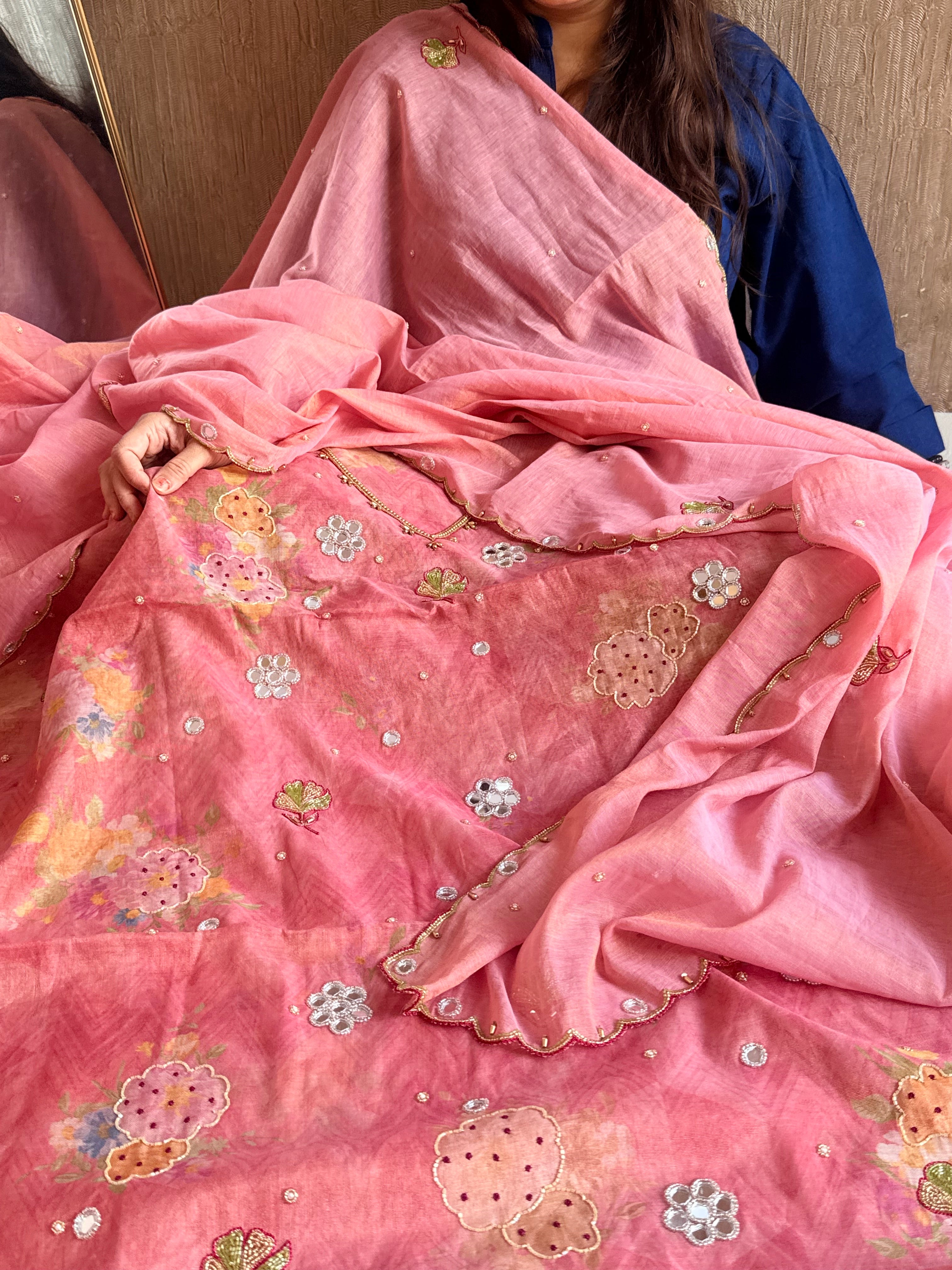 Patola weaving hand embroidered mul cotton tissue suit sets