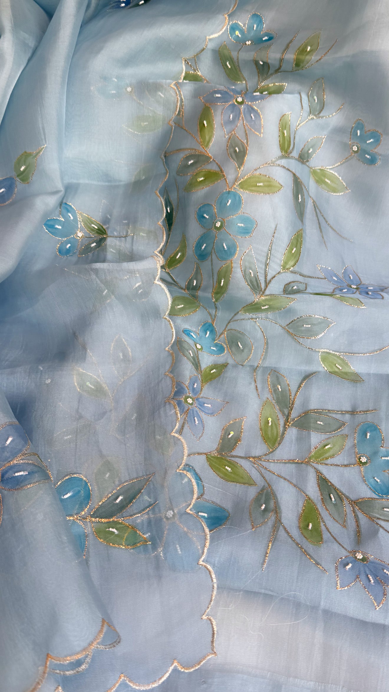 Baagicha edit - Banarasi kora silk handpainted floral hand embroidered suit set