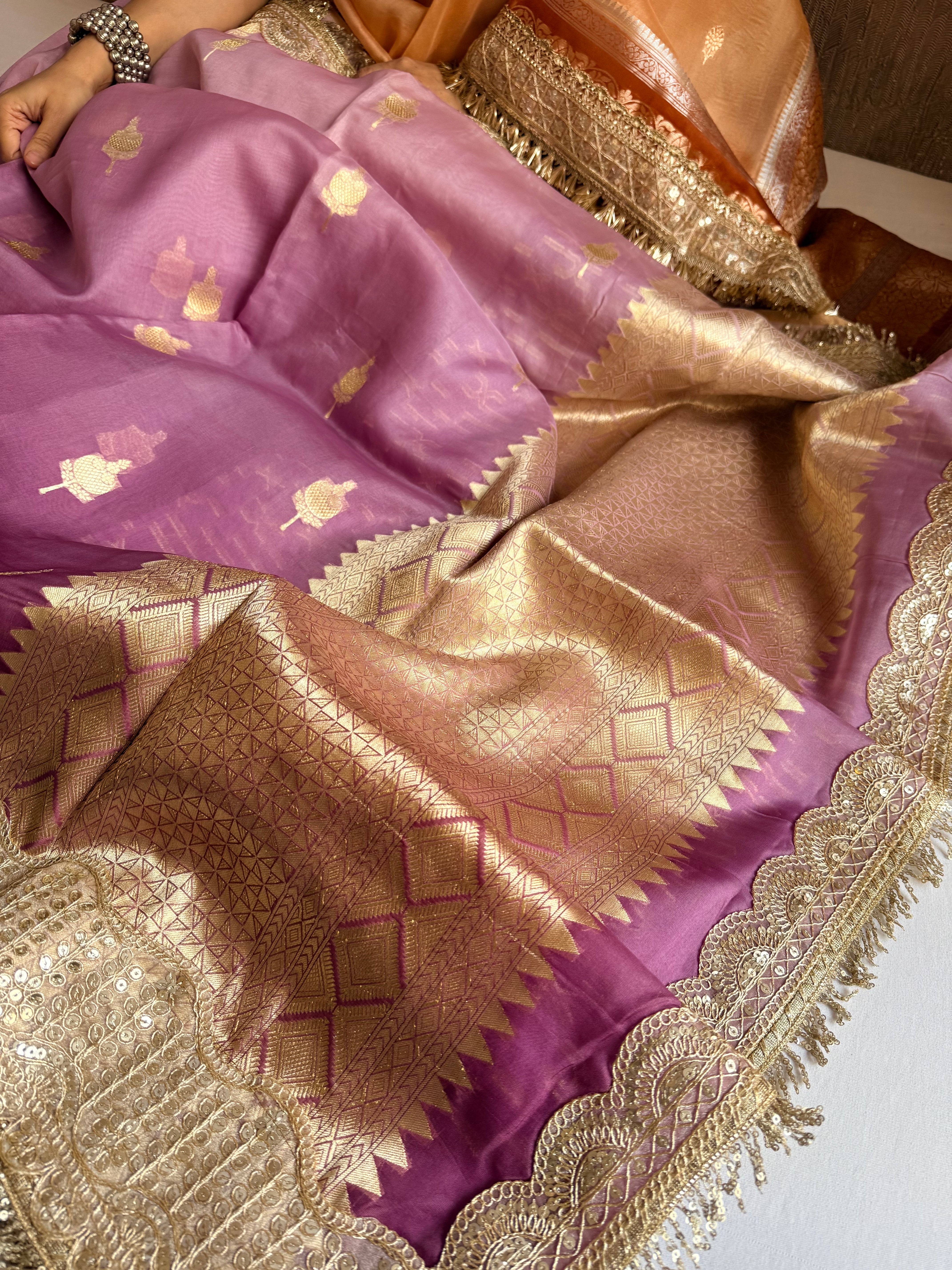 Banarasi ombré lilac kora silk kadhwa gotapatti saree