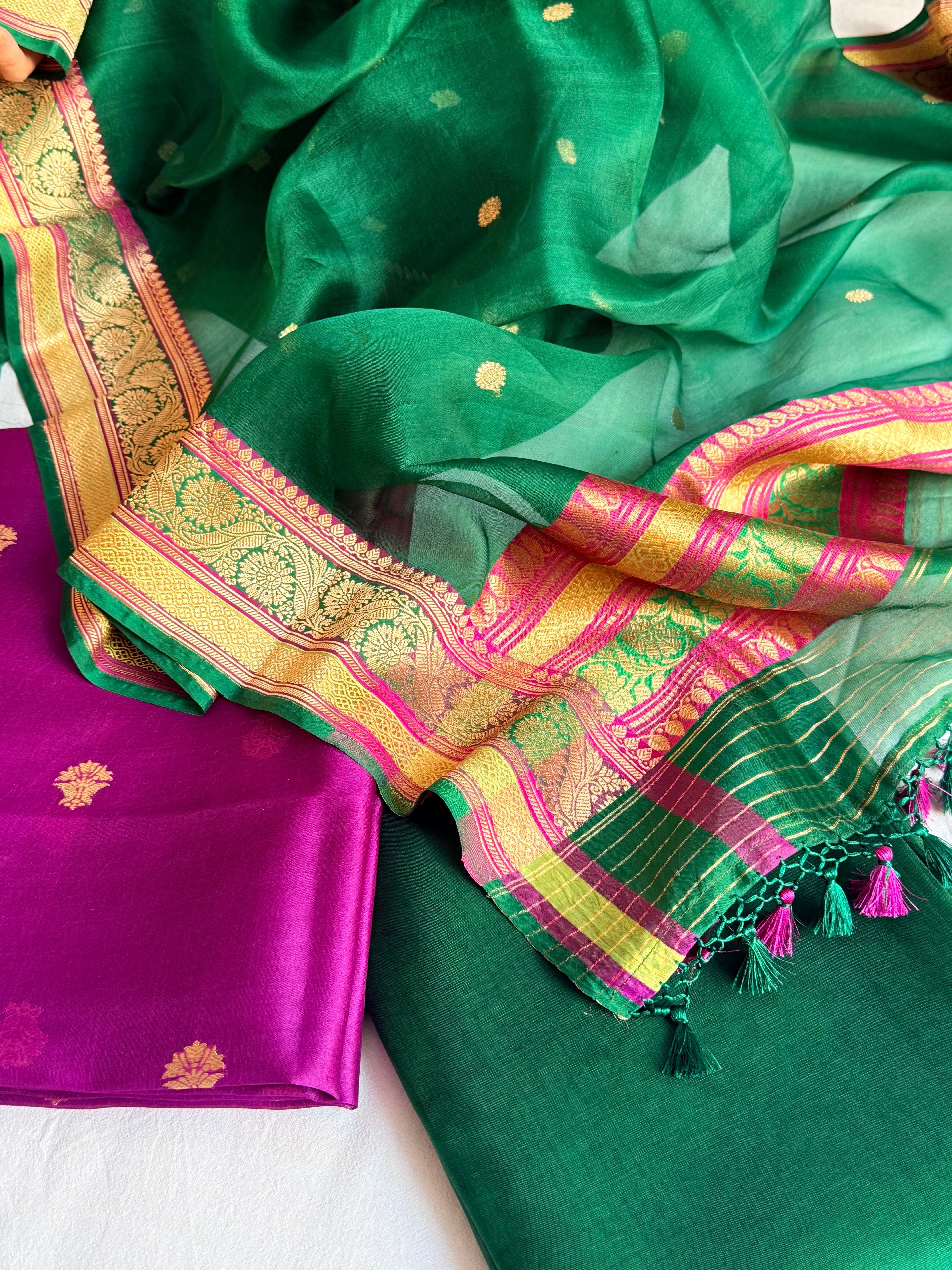 Banarasi purple-bottle green banarasi meenkari kadhwa border chap dye suits
