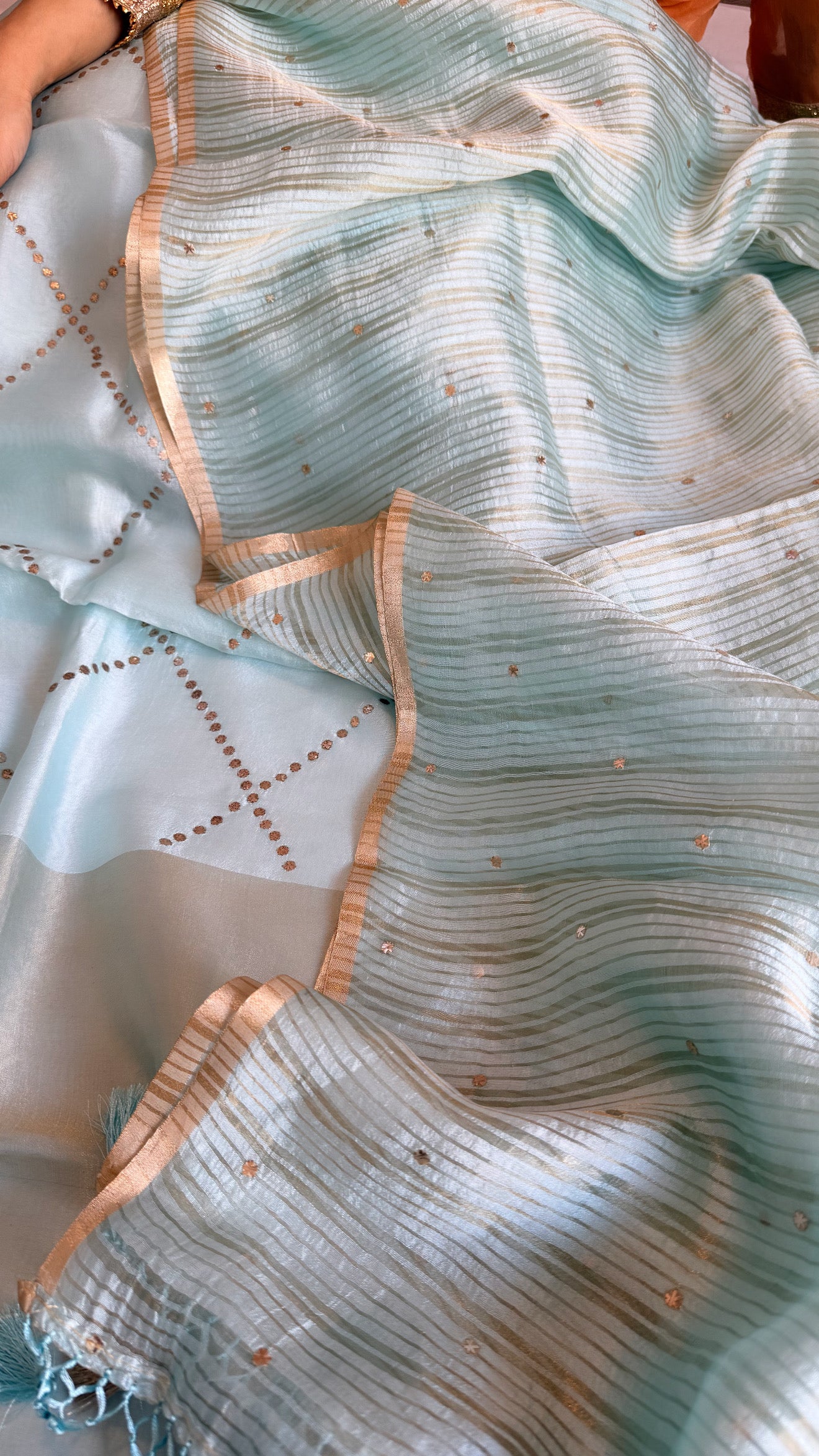 Summer suit edit - Spun chiniya silk mukaish work greenish-blue hand embroidered suit set