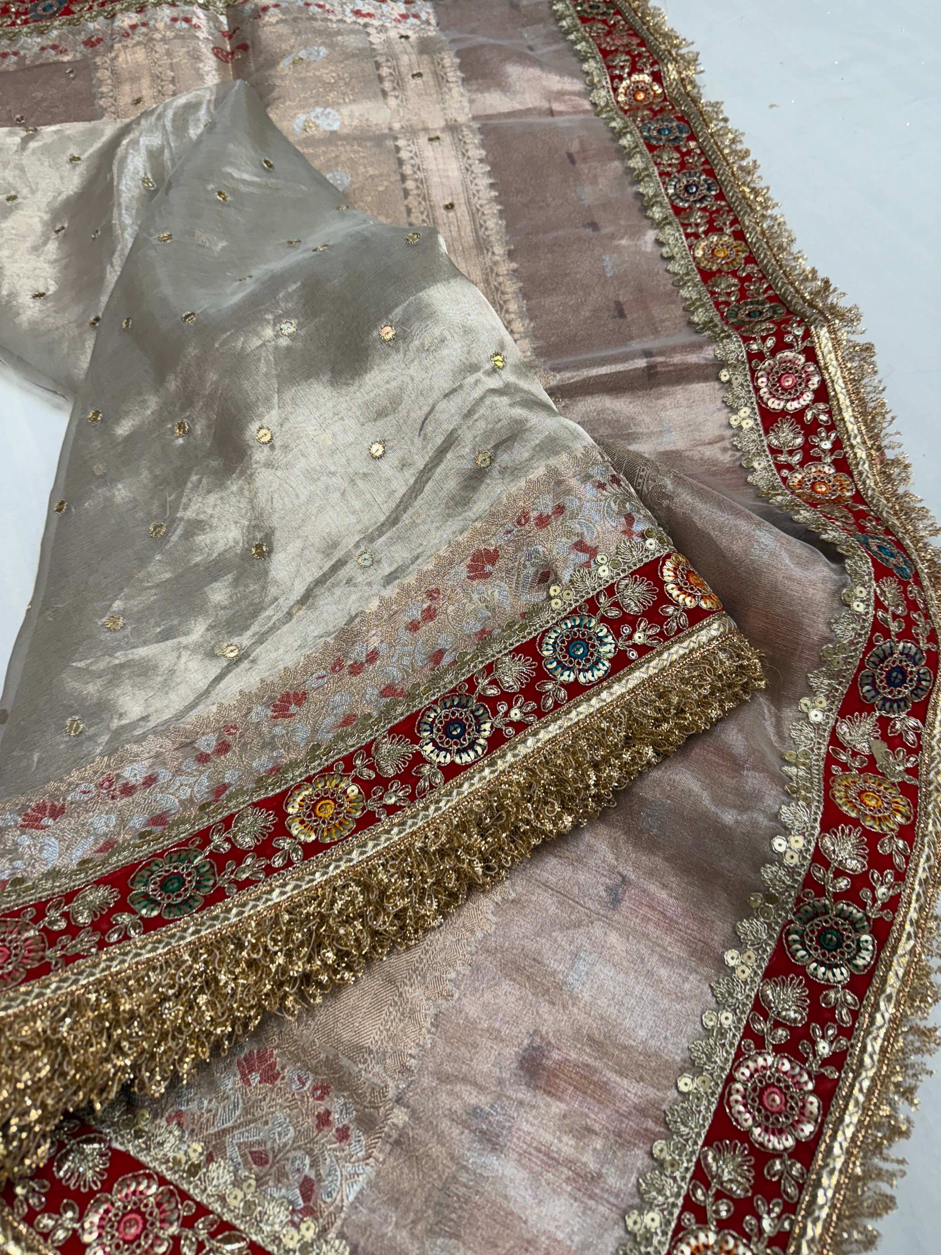 Diamond tissue silk chunri buti hand embroidered panetar saree