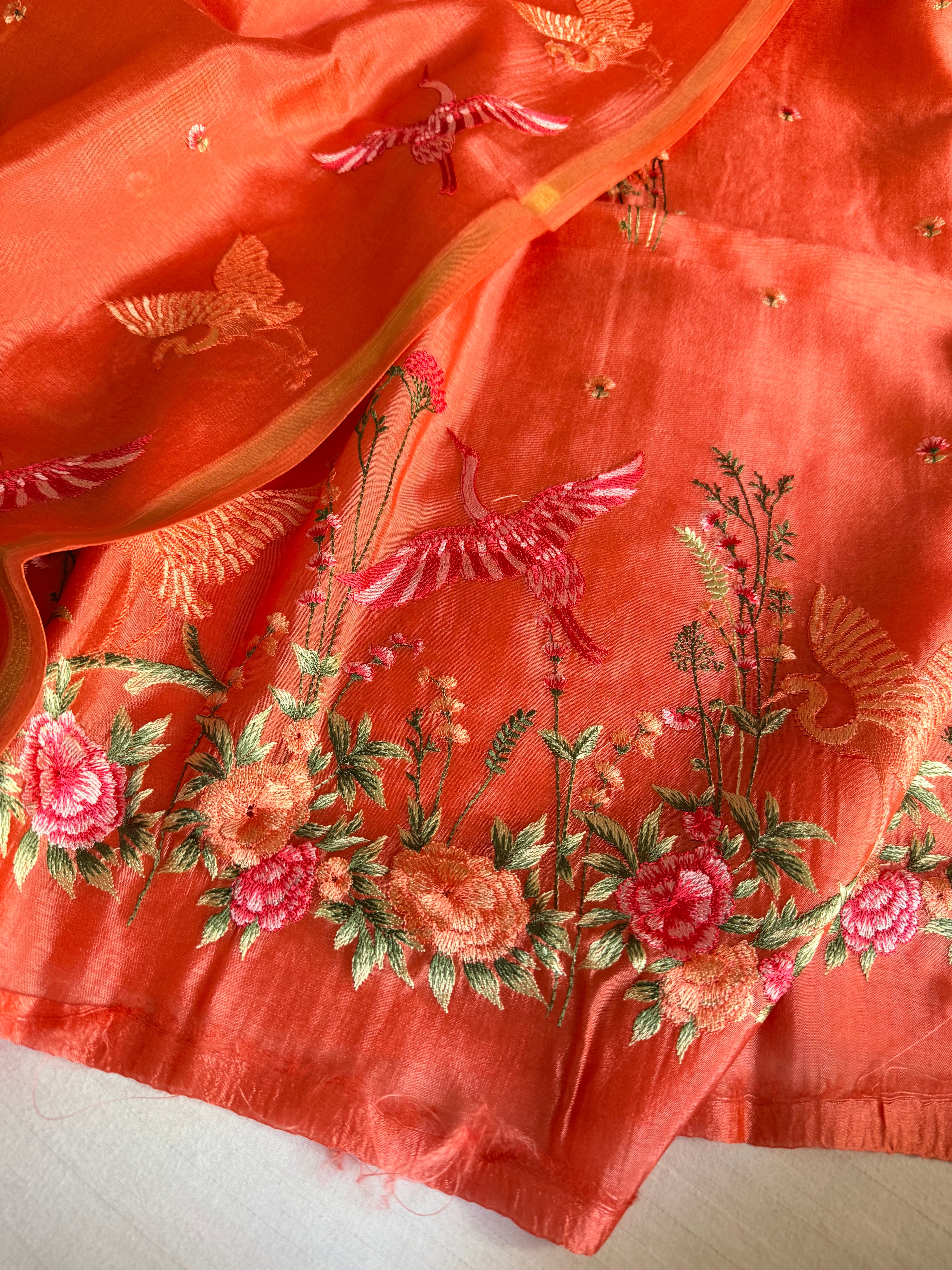 Suits under 10k - Spun chiniya silk parsi gara hand embroidered suit set