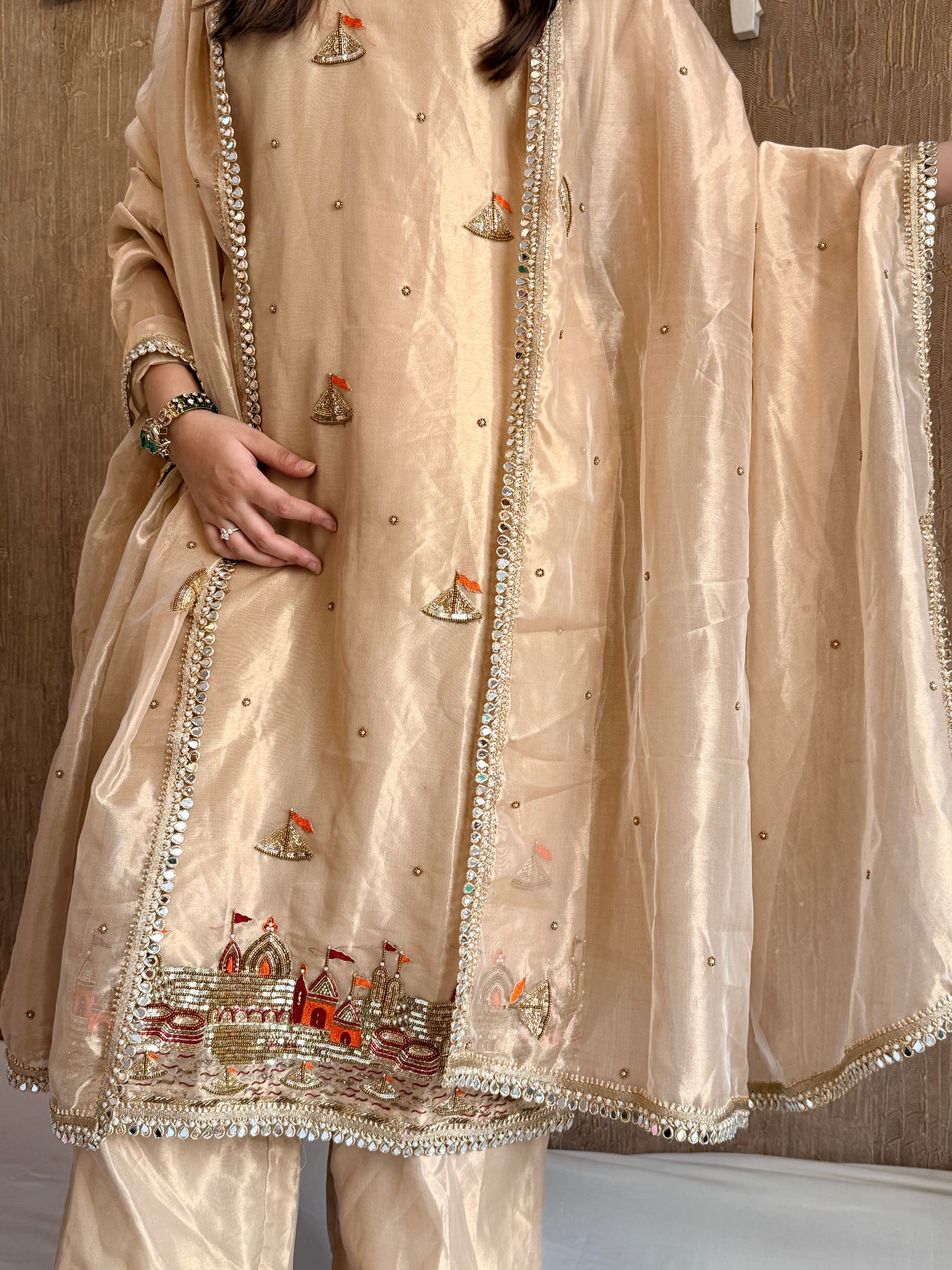 Gangaghat molten gold tissue silk hand embroidered suit set (STITCHED - S TO L )