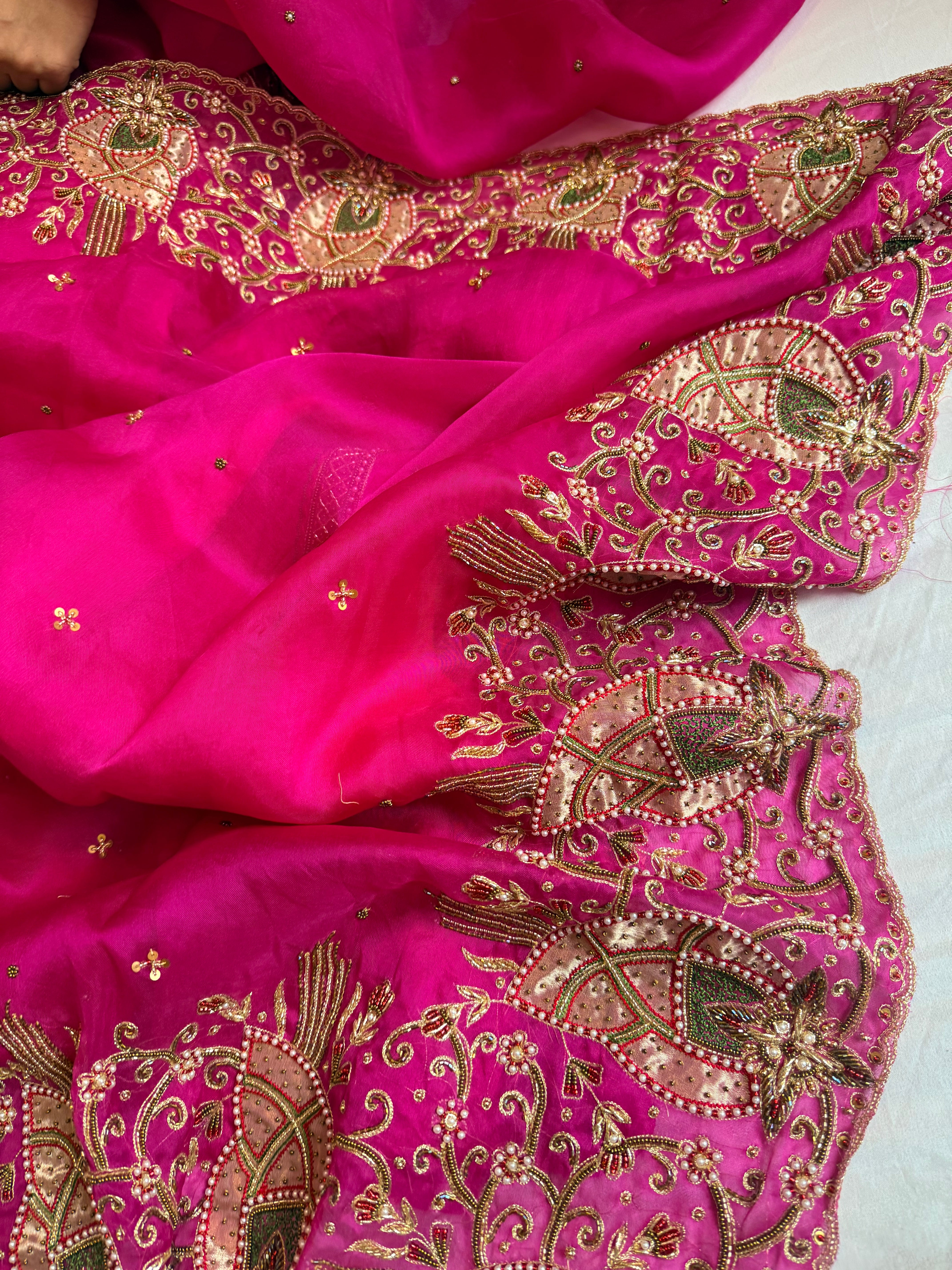 Gulab genda edit - Banarasi Kora silk hot pink hand embroidered saree