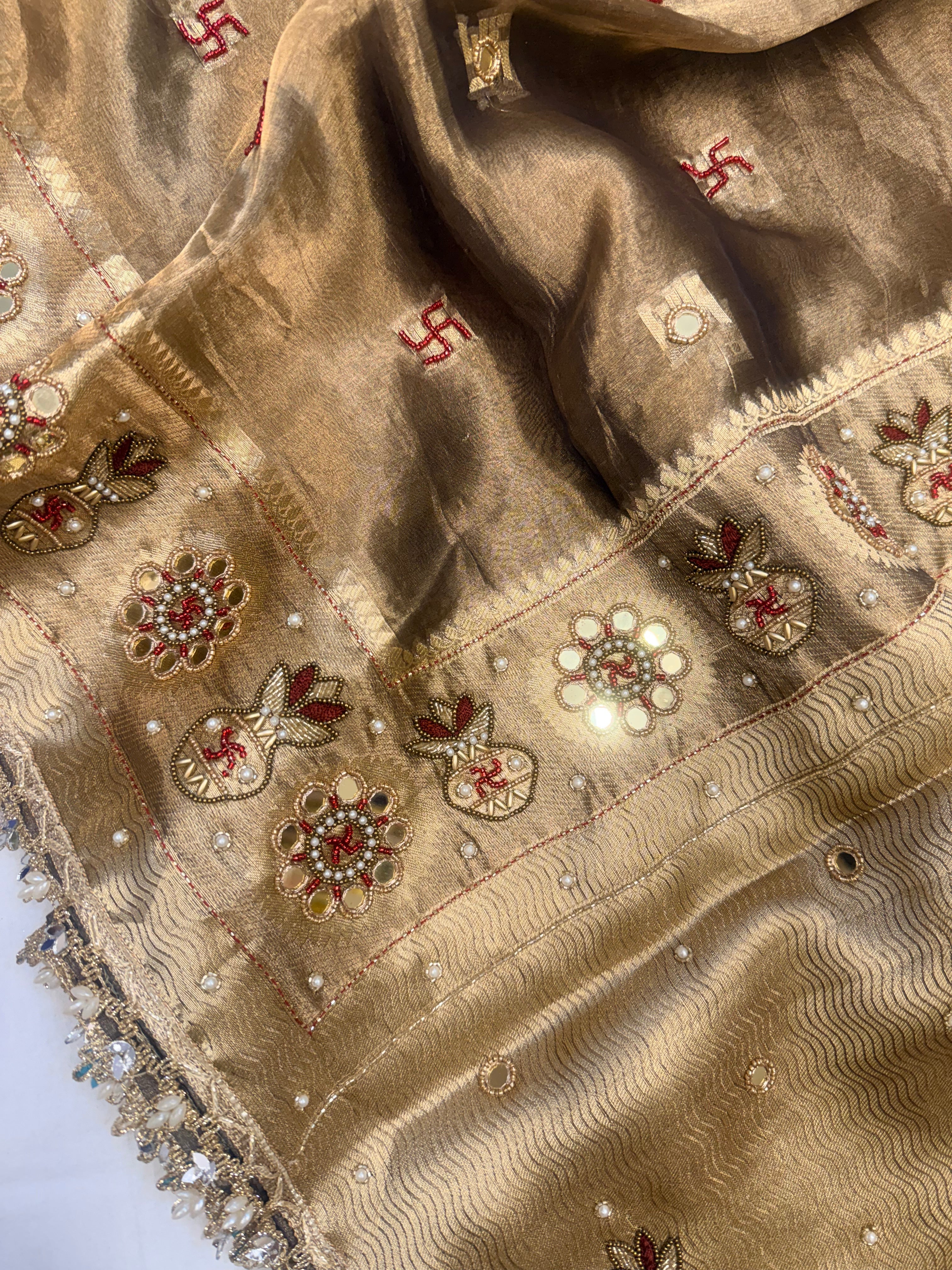 Grah-pravesh wali antique gold hand embroidered kadhwa saree