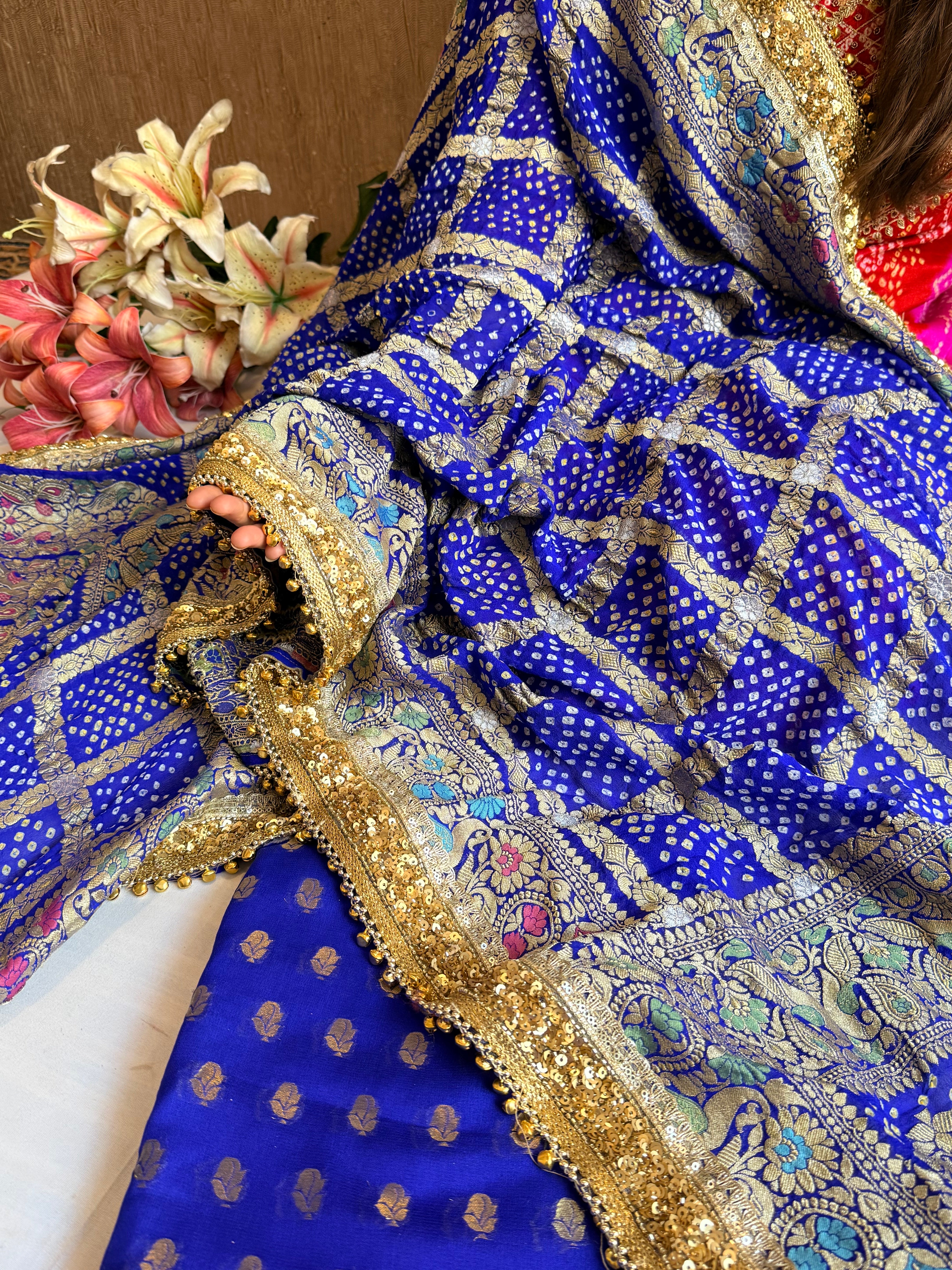 Banarasi bandhej electric blue ghungroo and sequin work chiffon gorgette kadhwa suit set