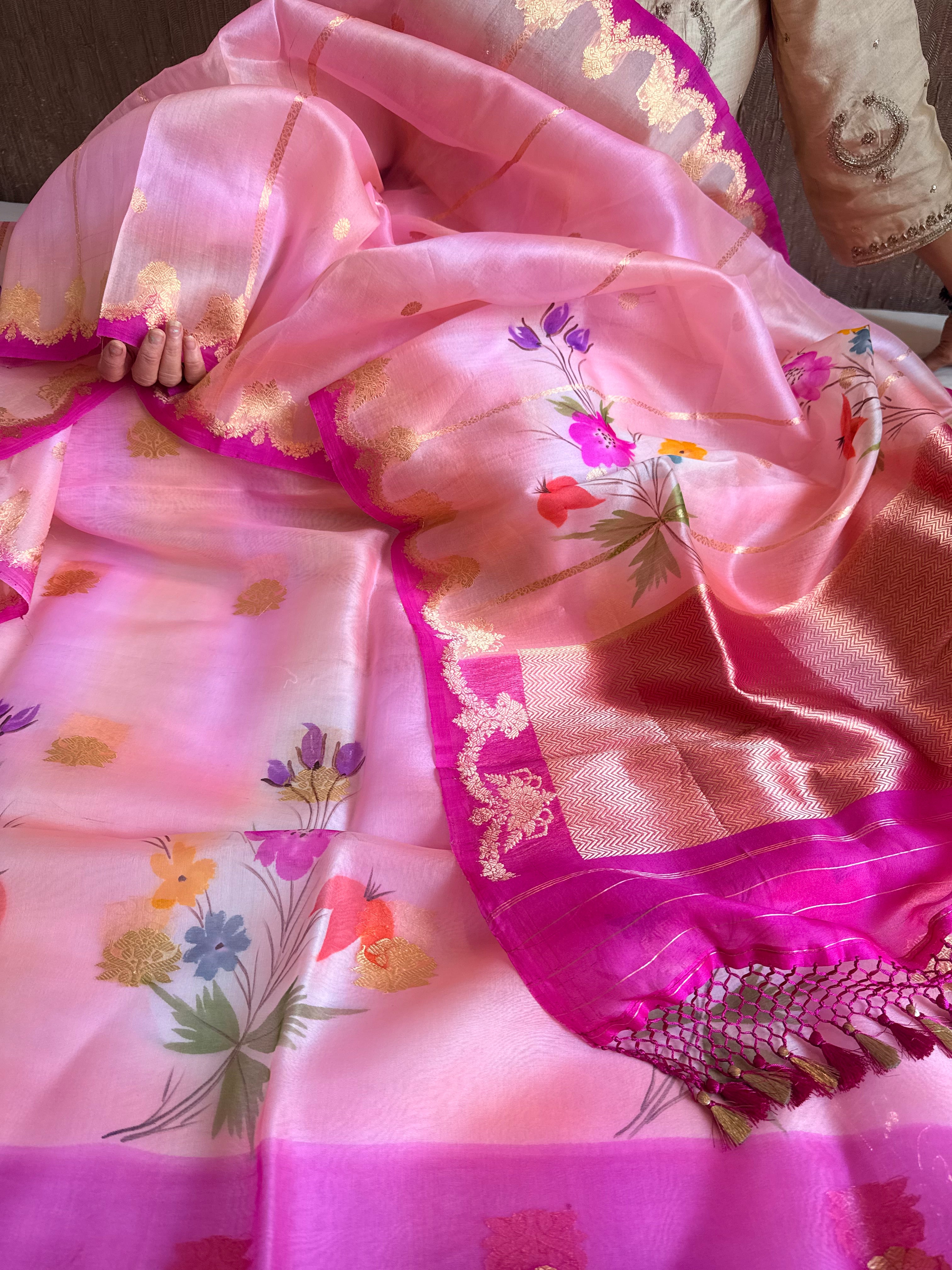 Rainbow dyed kora silk handpainted brush dyed banarasi suit sets