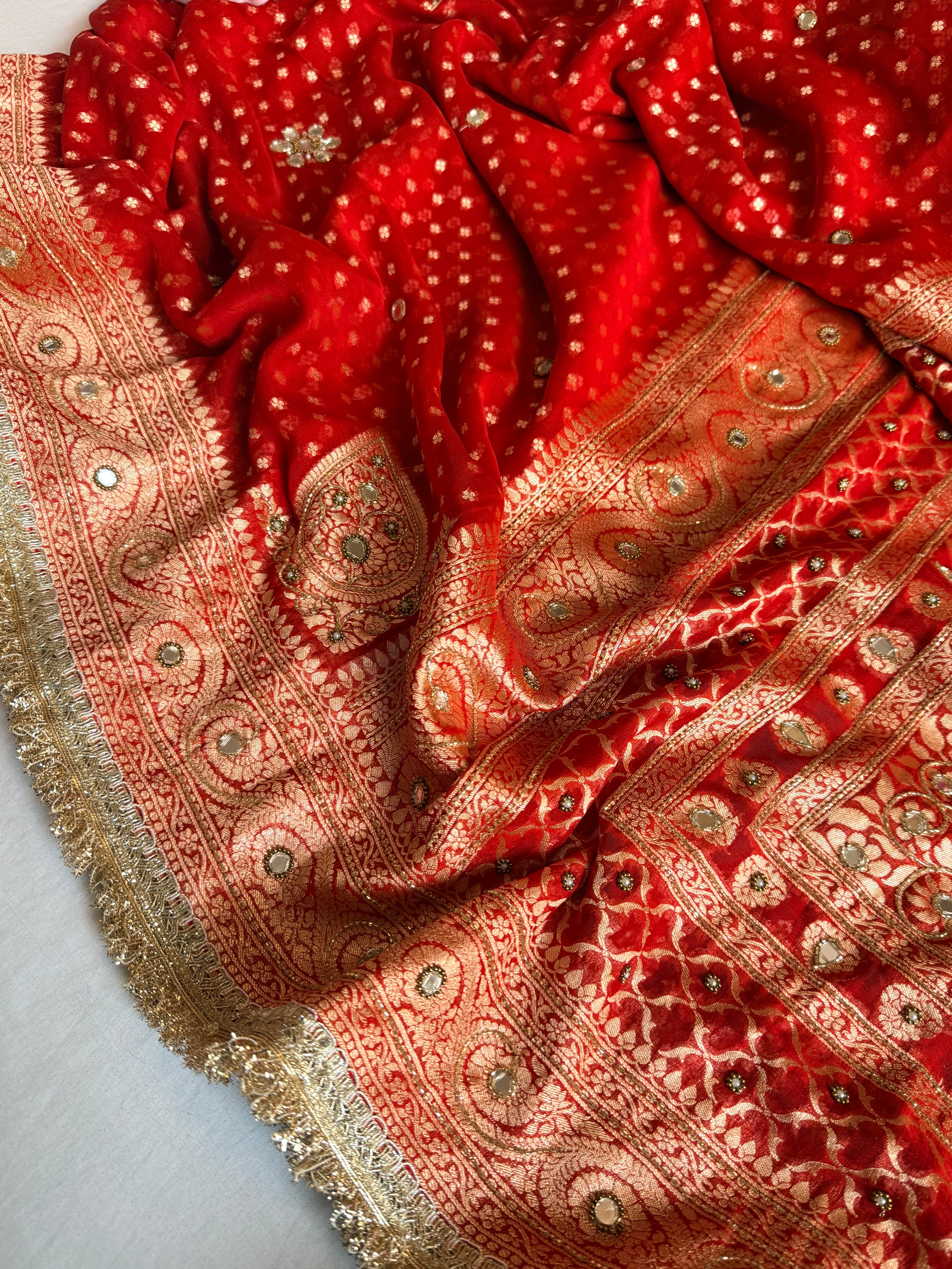 Bridal red chiffon gorgette kohniya buti hand embroidered saree