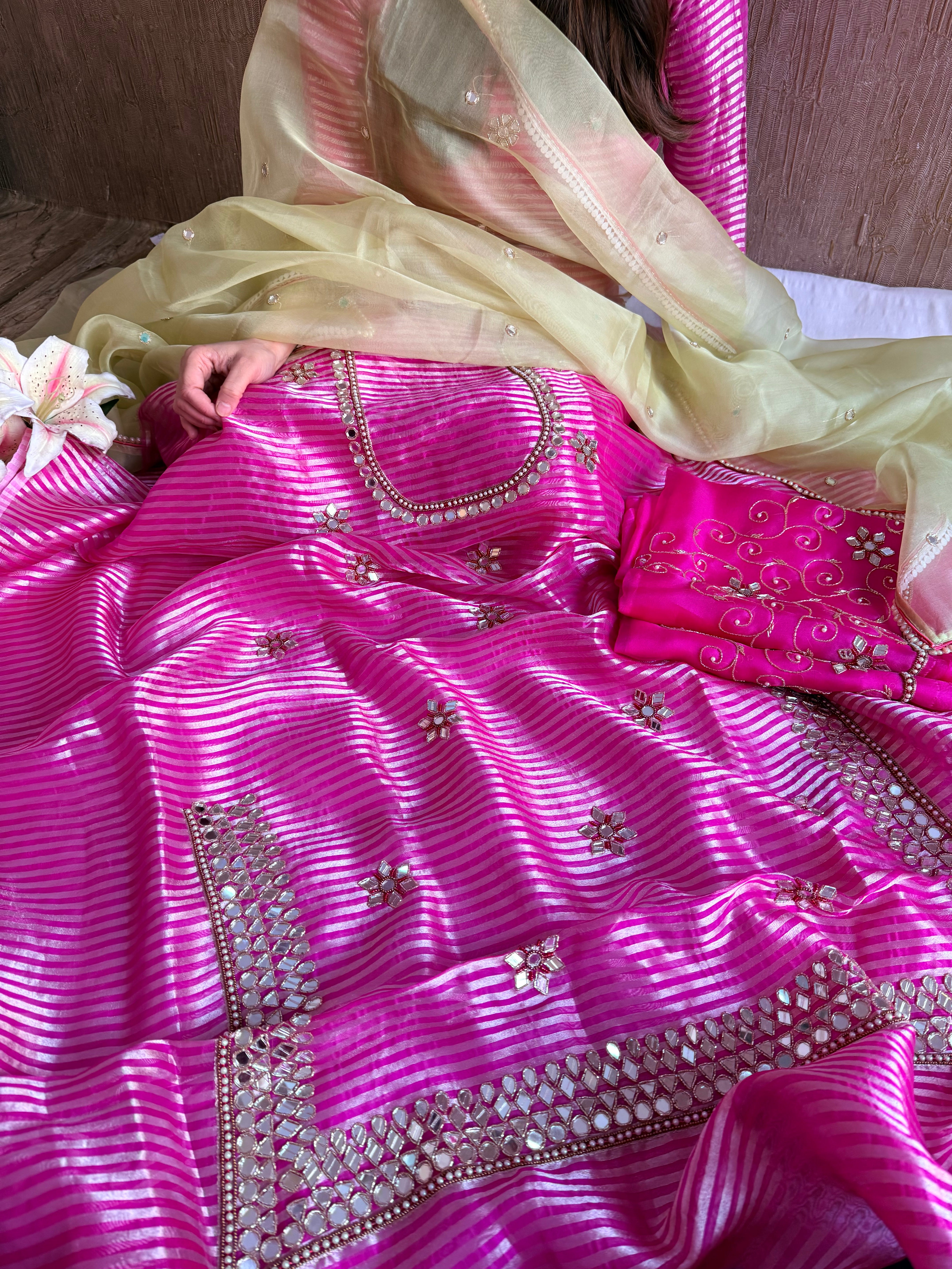 Kora silk silver zari striped mirror work edit hand embroidered kadhwa suit set