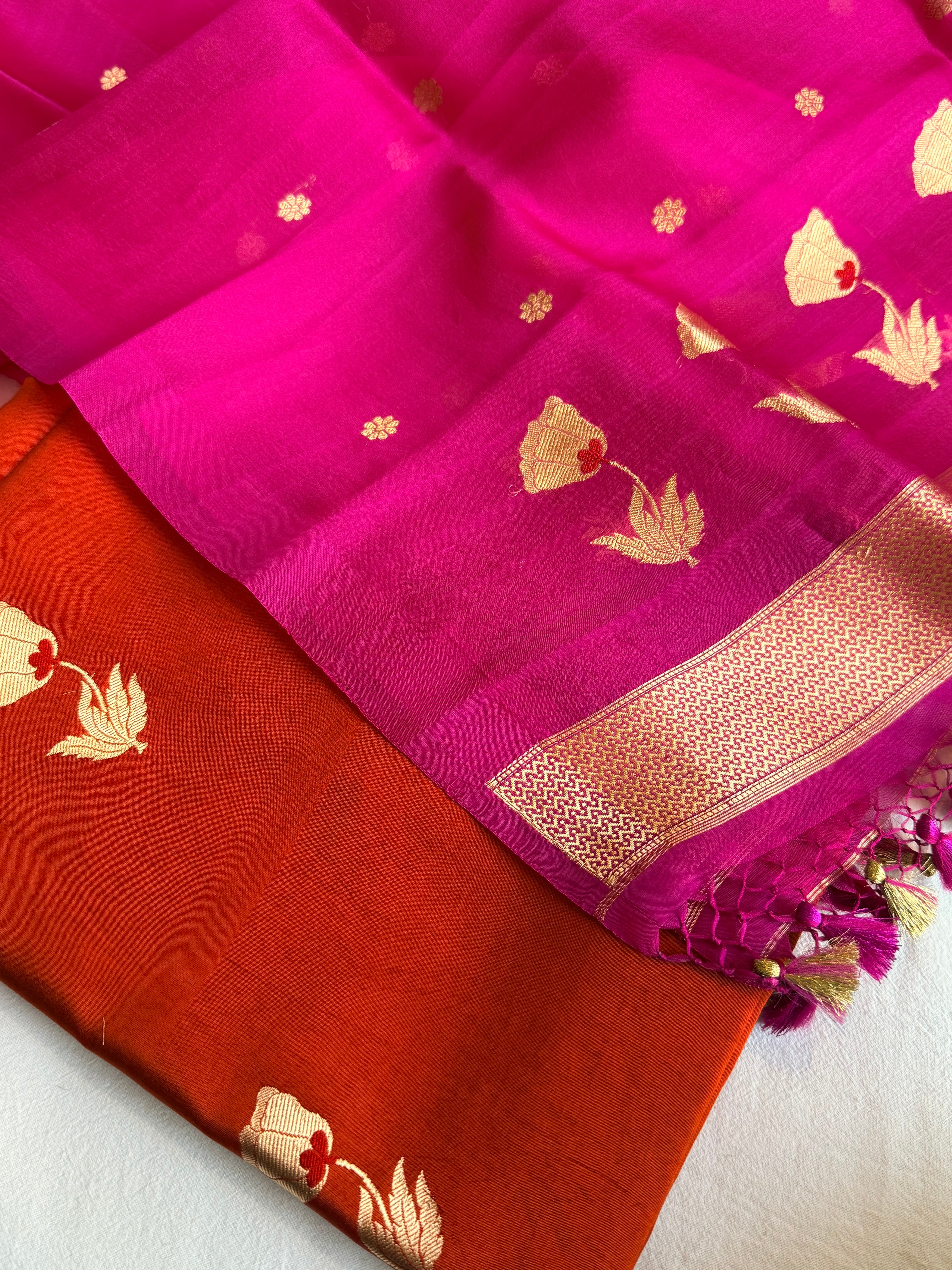 Rose buta spun chiniya silk kadhwa buti suit set