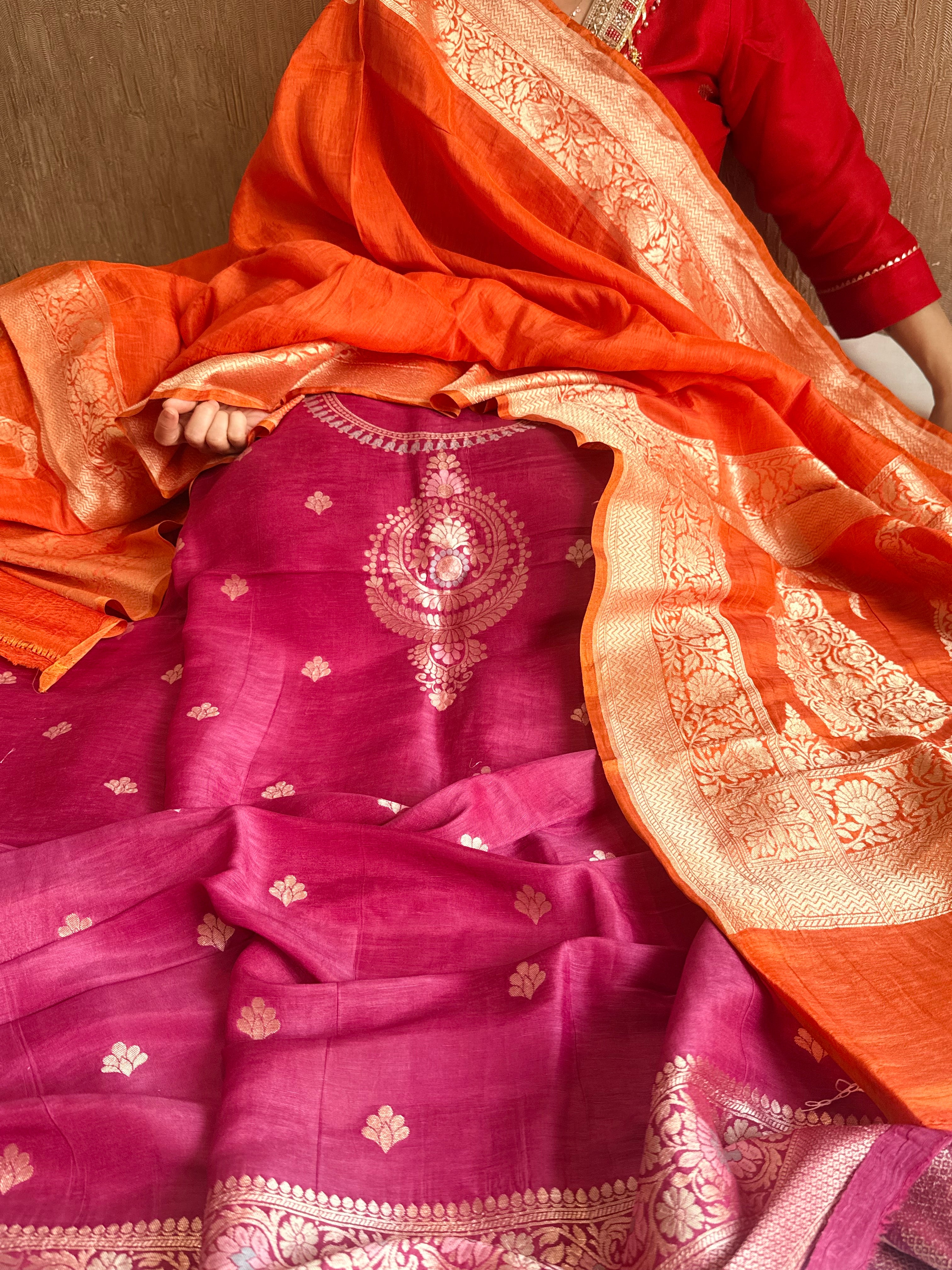 Banarasi linen gorgette neckwork weaving meenakari suit set