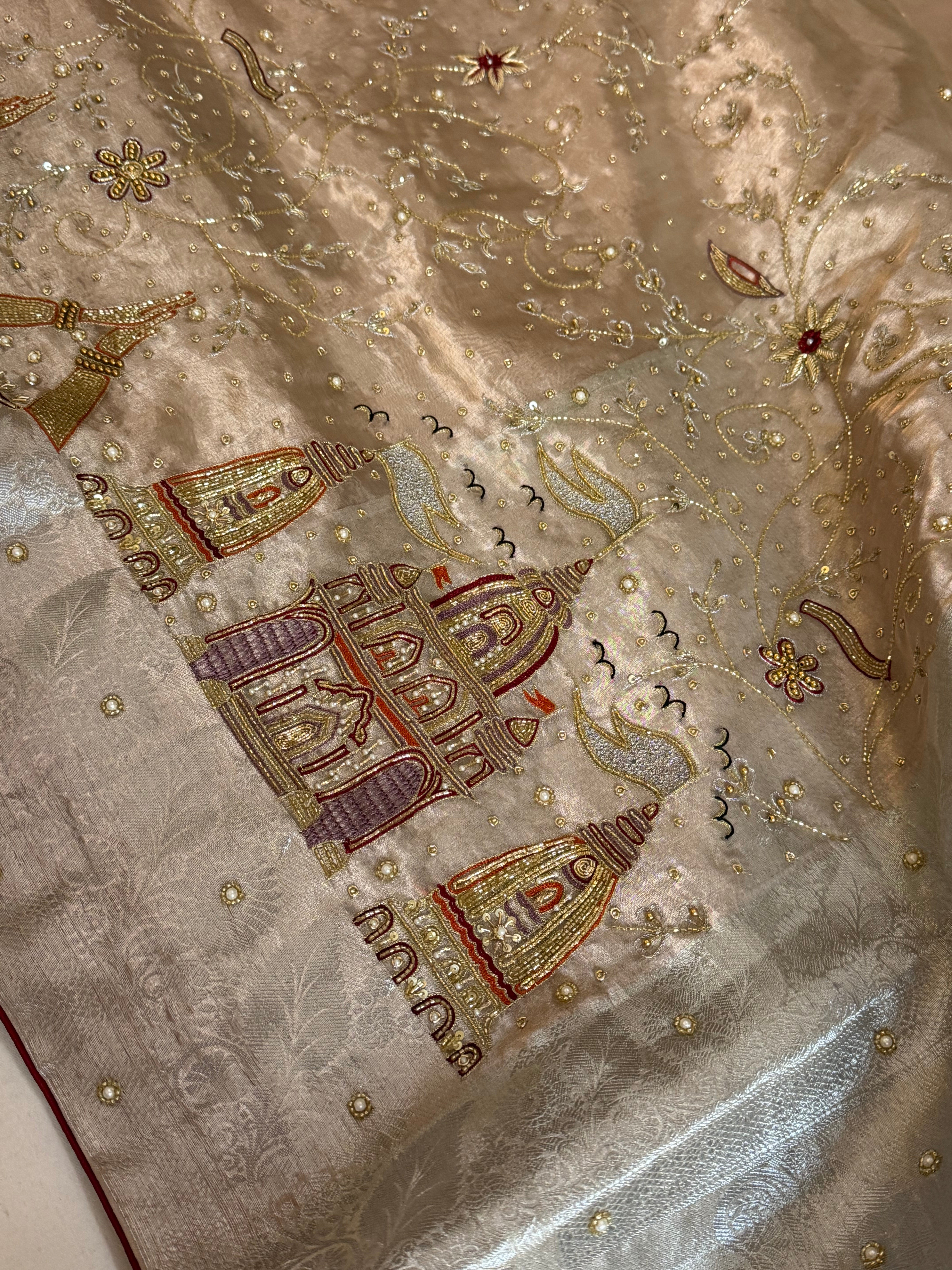 Aashirwad wali saree - tissue silk hand embroidered kadhwa saree in silver zari