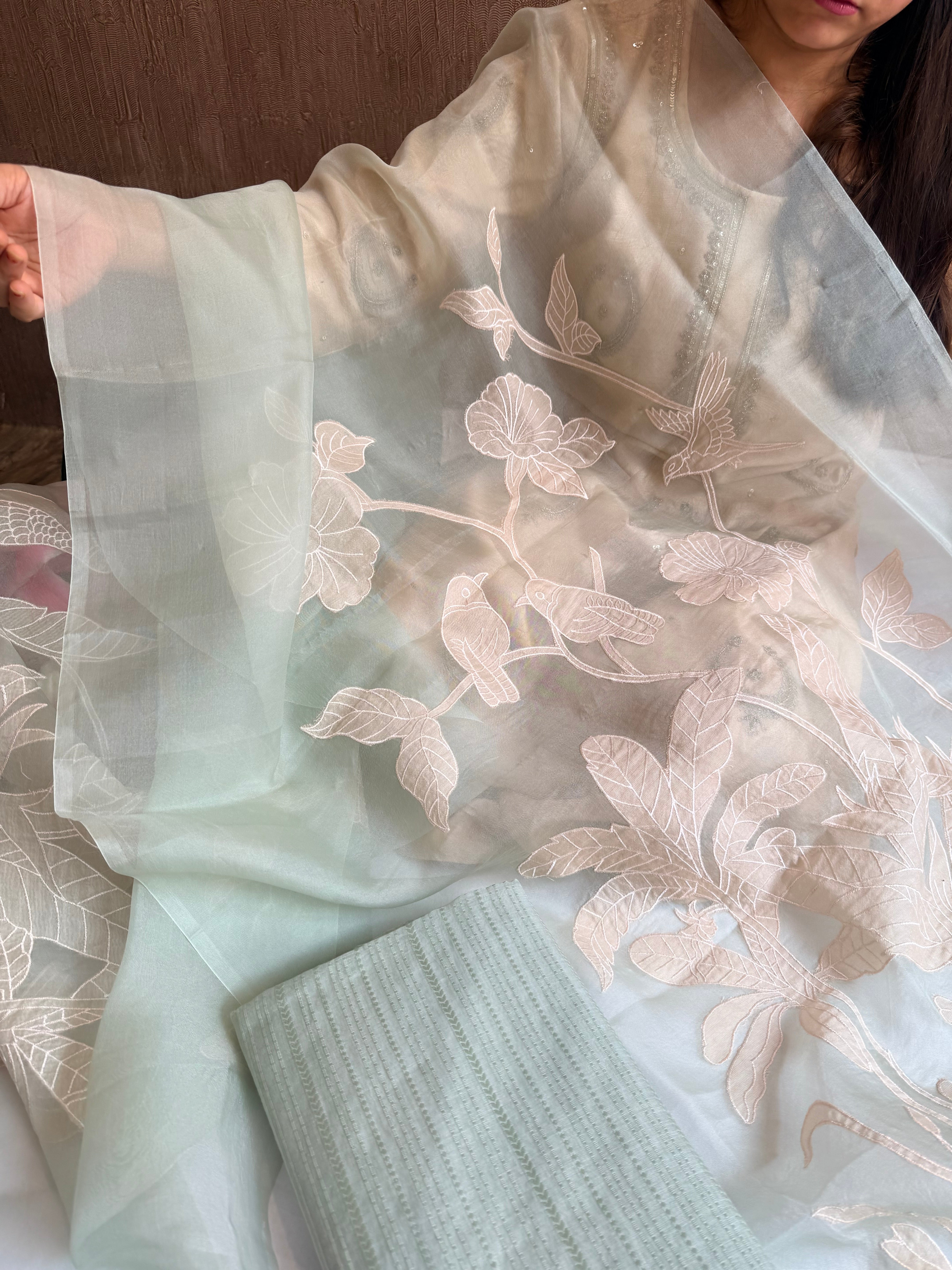 Appliqué work mul cotton striped kurta paired with kora silk embroidered duppata