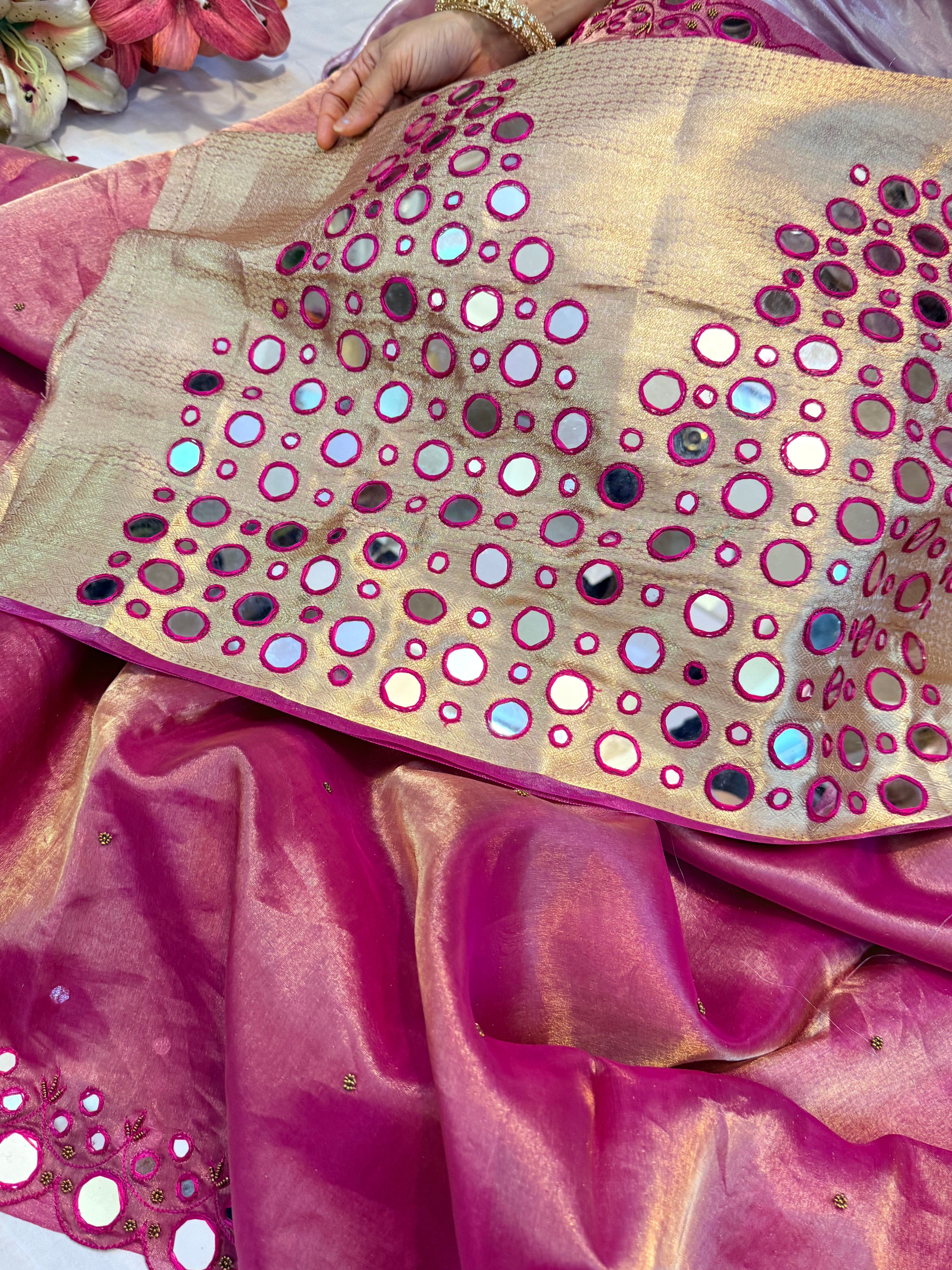 Sheeshe wali hot pink tissue silk mirrorwork hand embroidered banarasi saree