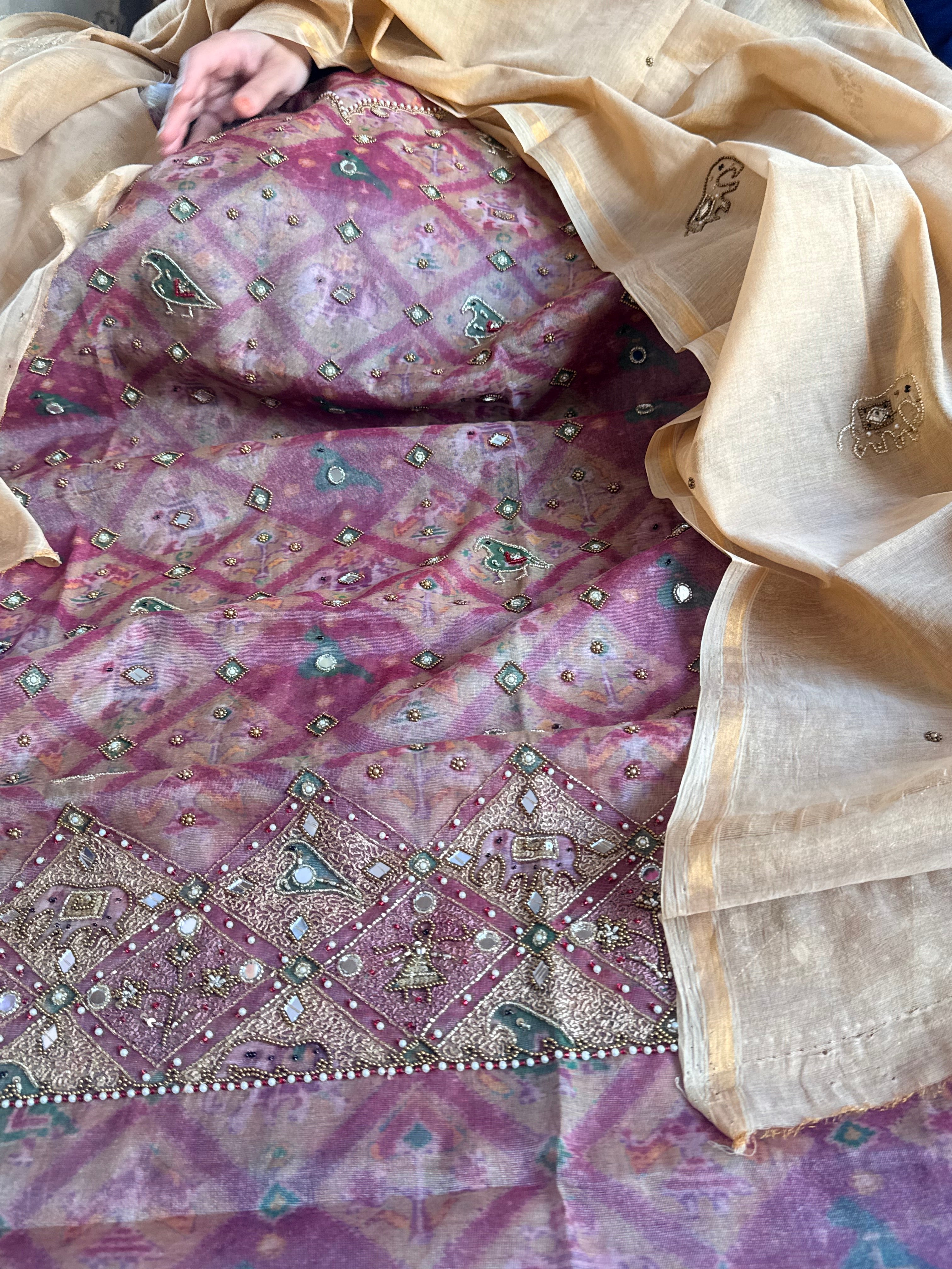 Patola weaving hand embroidered mul cotton tissue suit sets