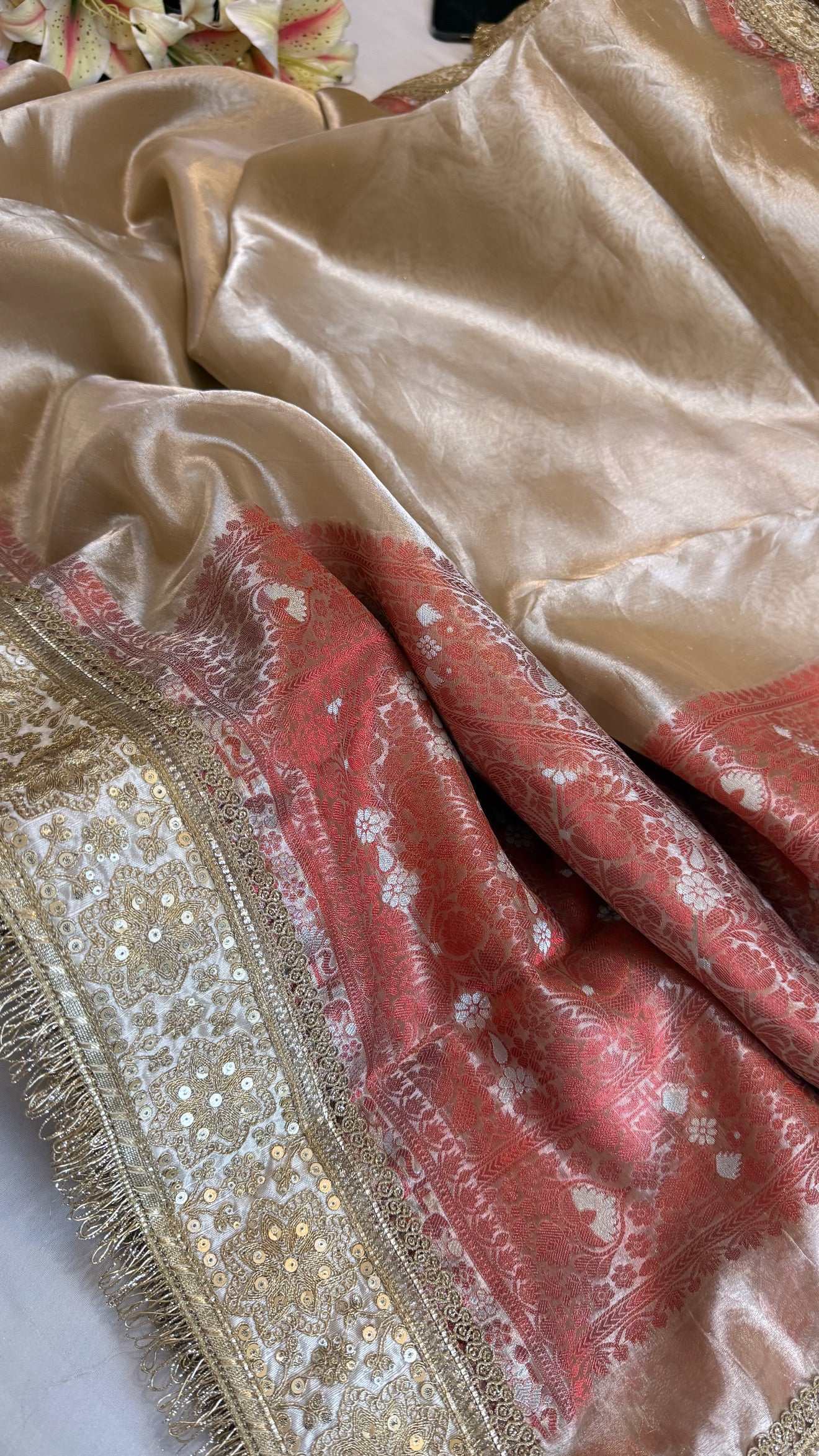 Maharani champagne gold tissue silk kadhwa gotapatti saree