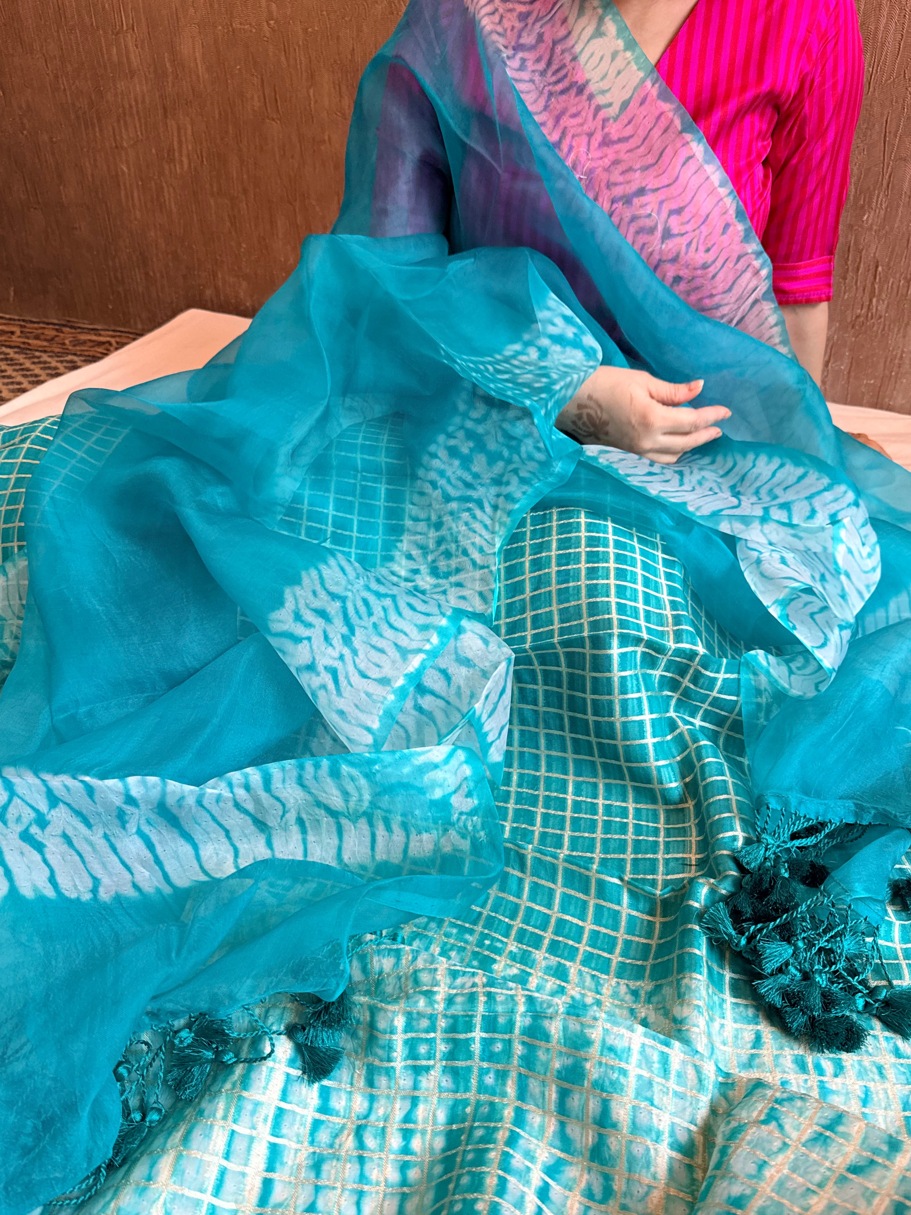 Firozi banarasi blue kora silk shibori dye kadhwa suit set