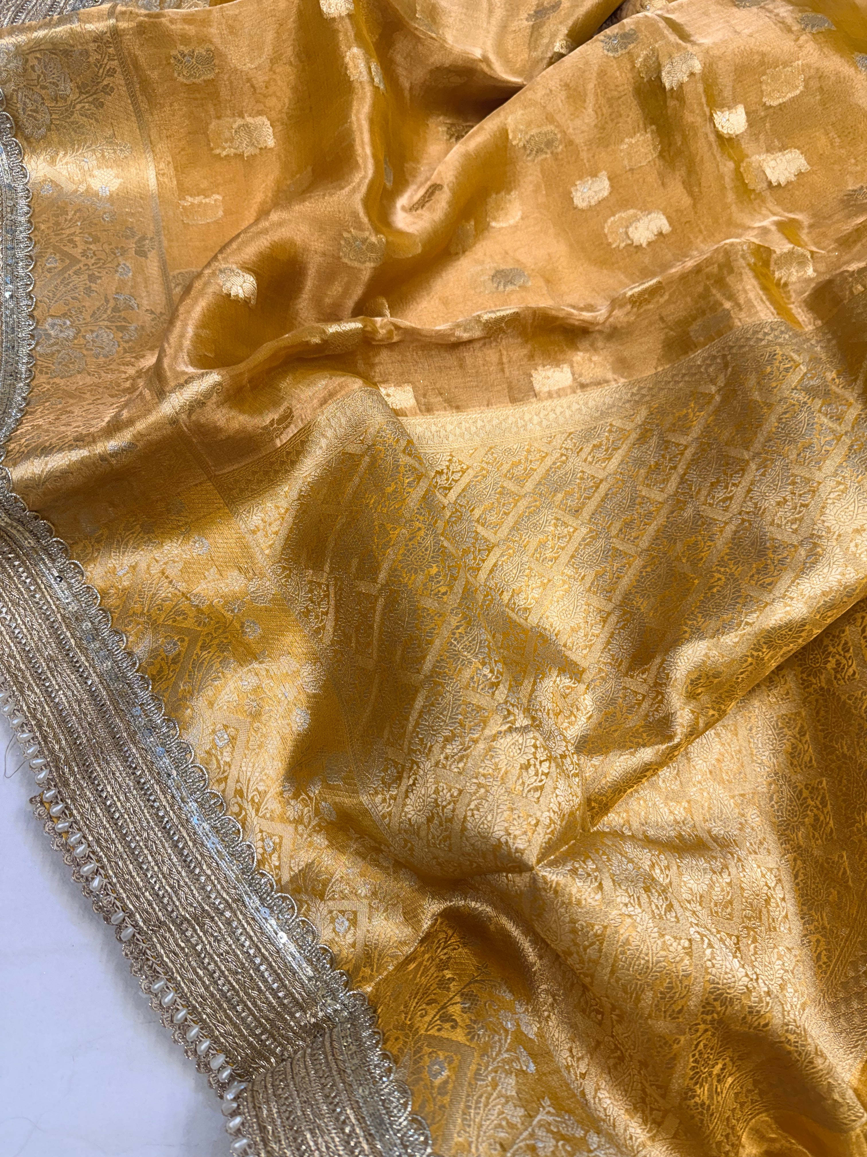 Haldi gold tissue silk kadhwa buti gotapatti saree