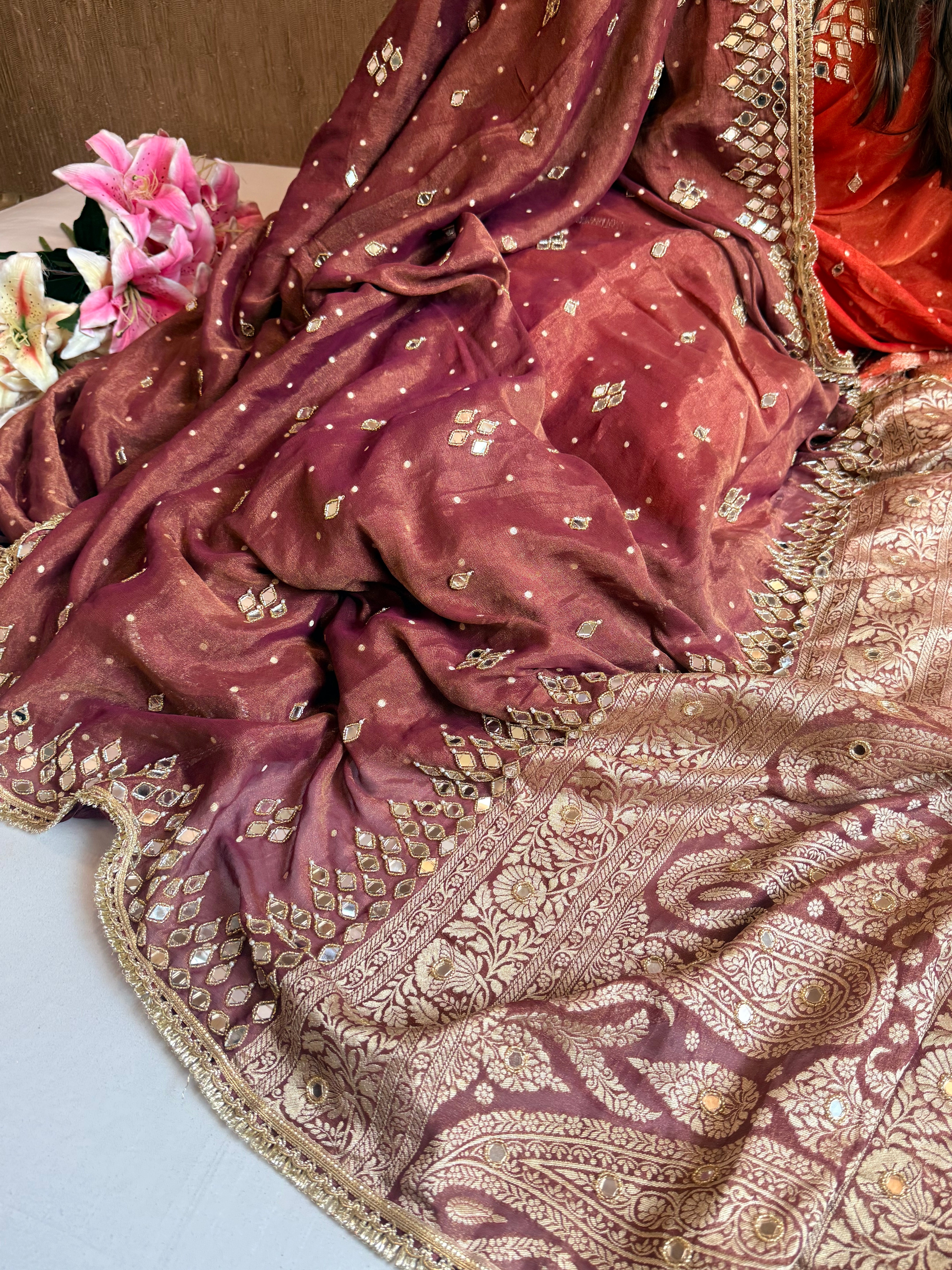 Choco brown tissue gorgette mirror work hand embroidered saree