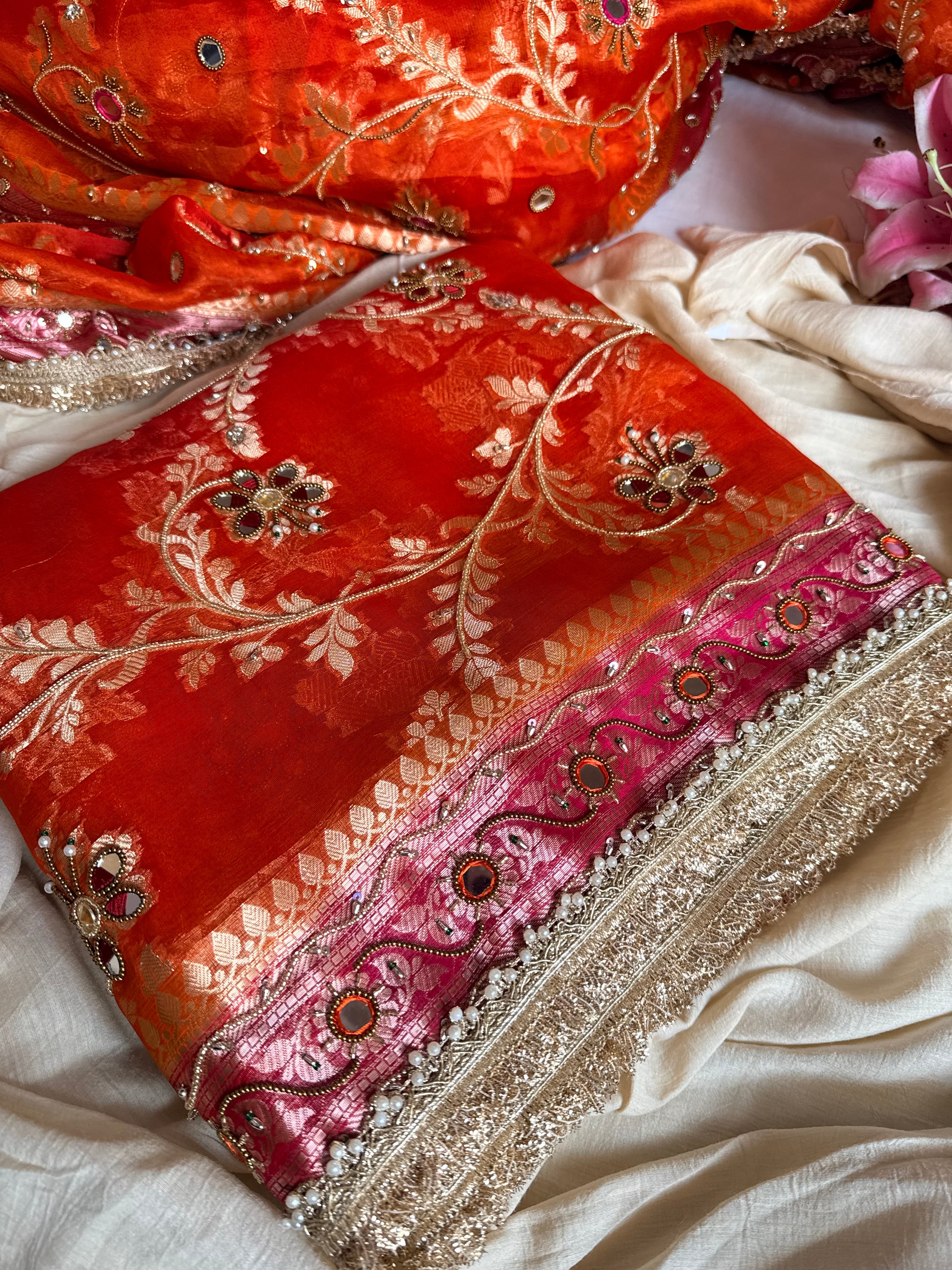Kumkum edit jaalwork kora silk ombre shaded kadhwa saree