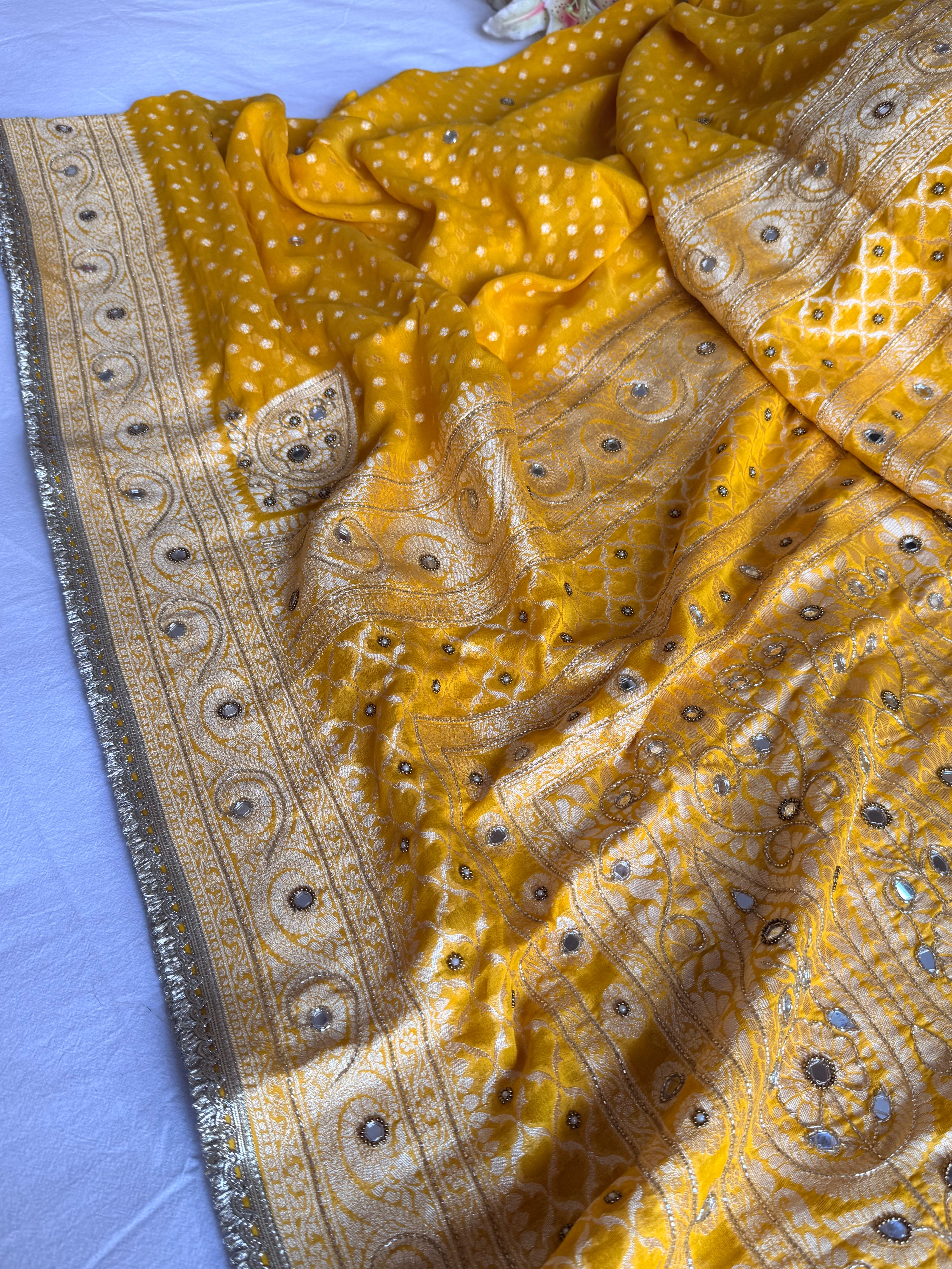 Banarasi chiffon gorgette kadhwa weaving hand embroidered saree