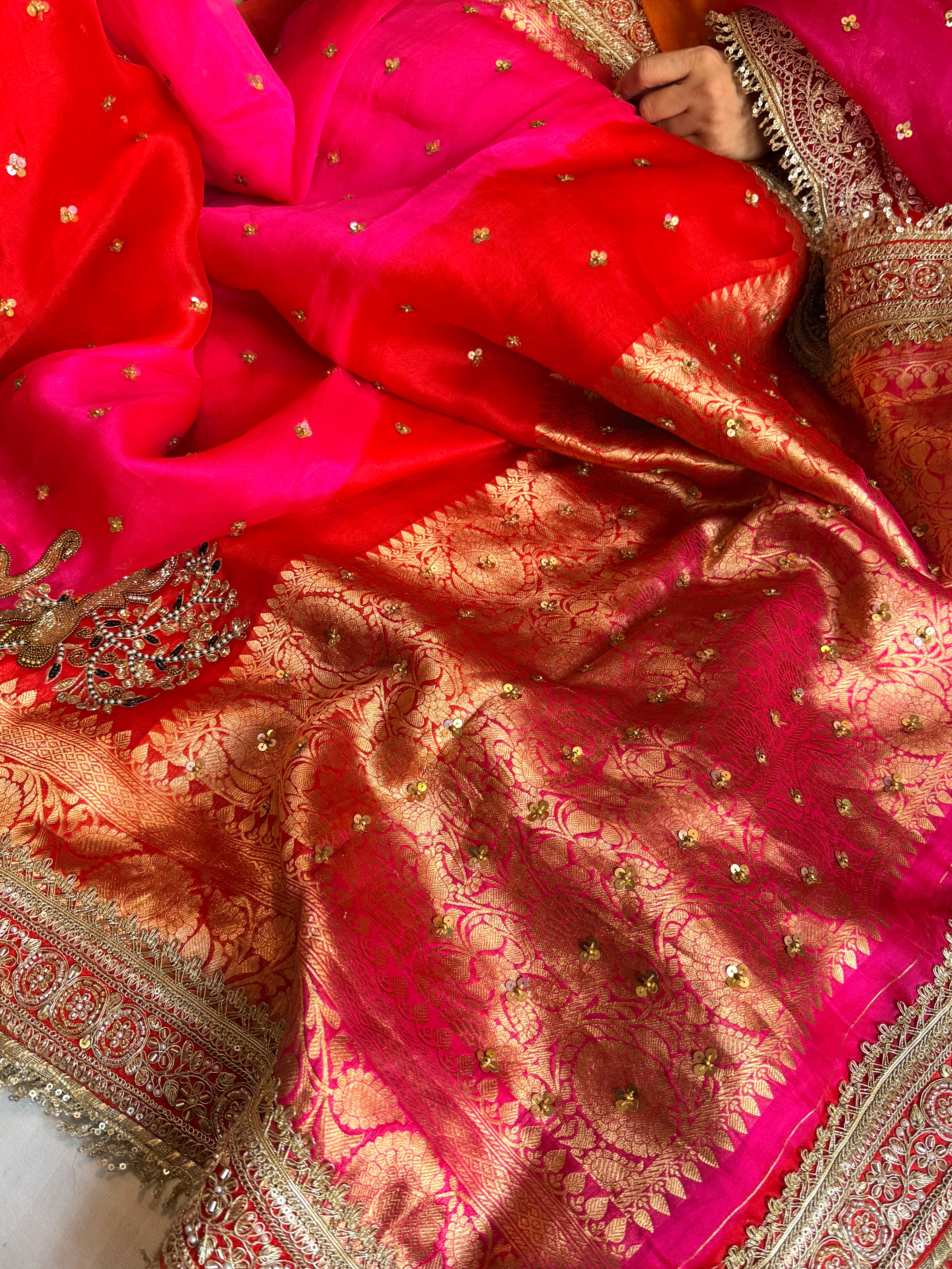 Red-Rani ombre shaded kora silk chunri buti hand embroidered saree