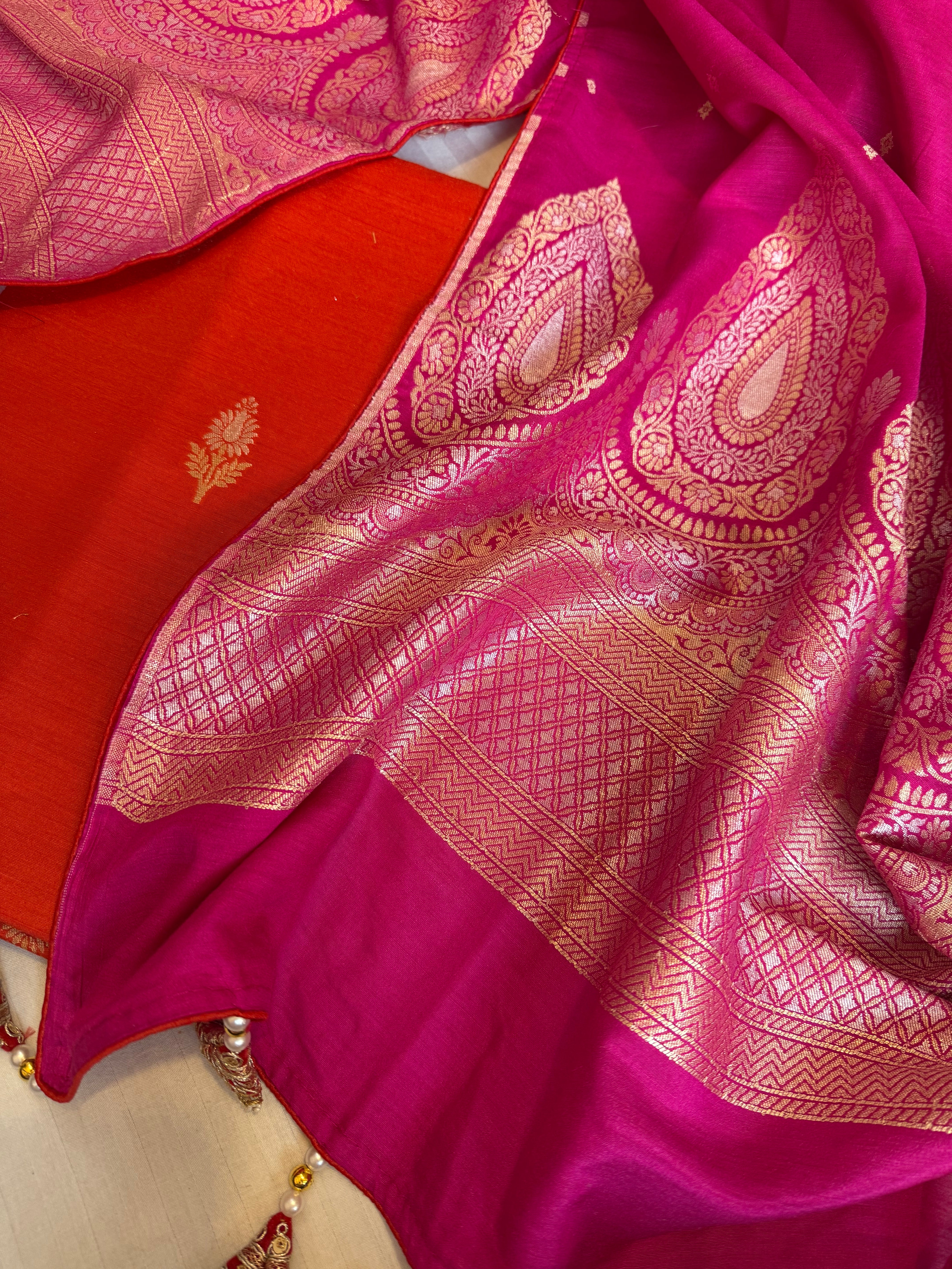 Moonga silk fanta orange - hot pink kadhwa suit set with latkans