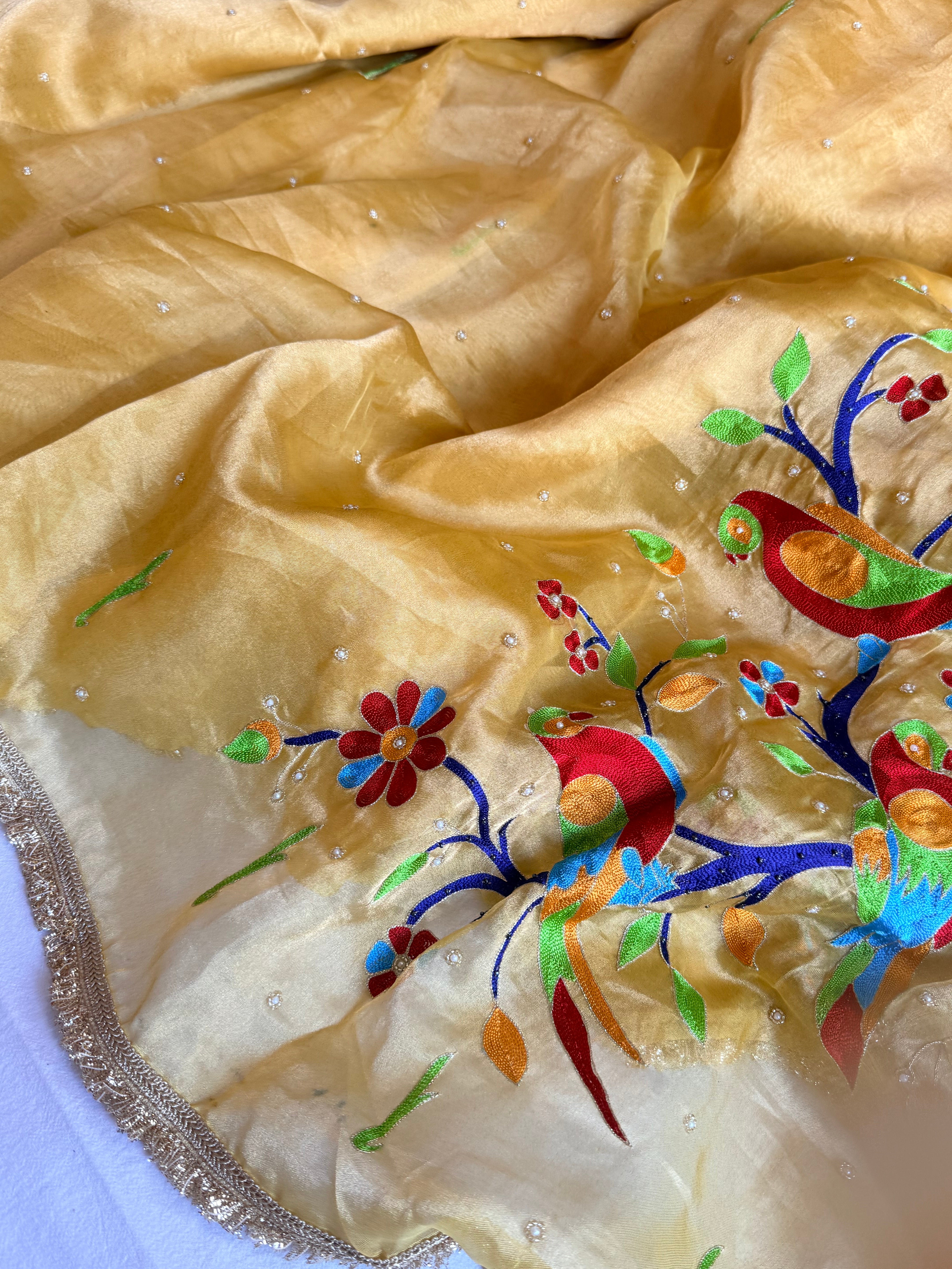 Butter yellow tissue silk paithani weaving hand embroidered kadhwa saree