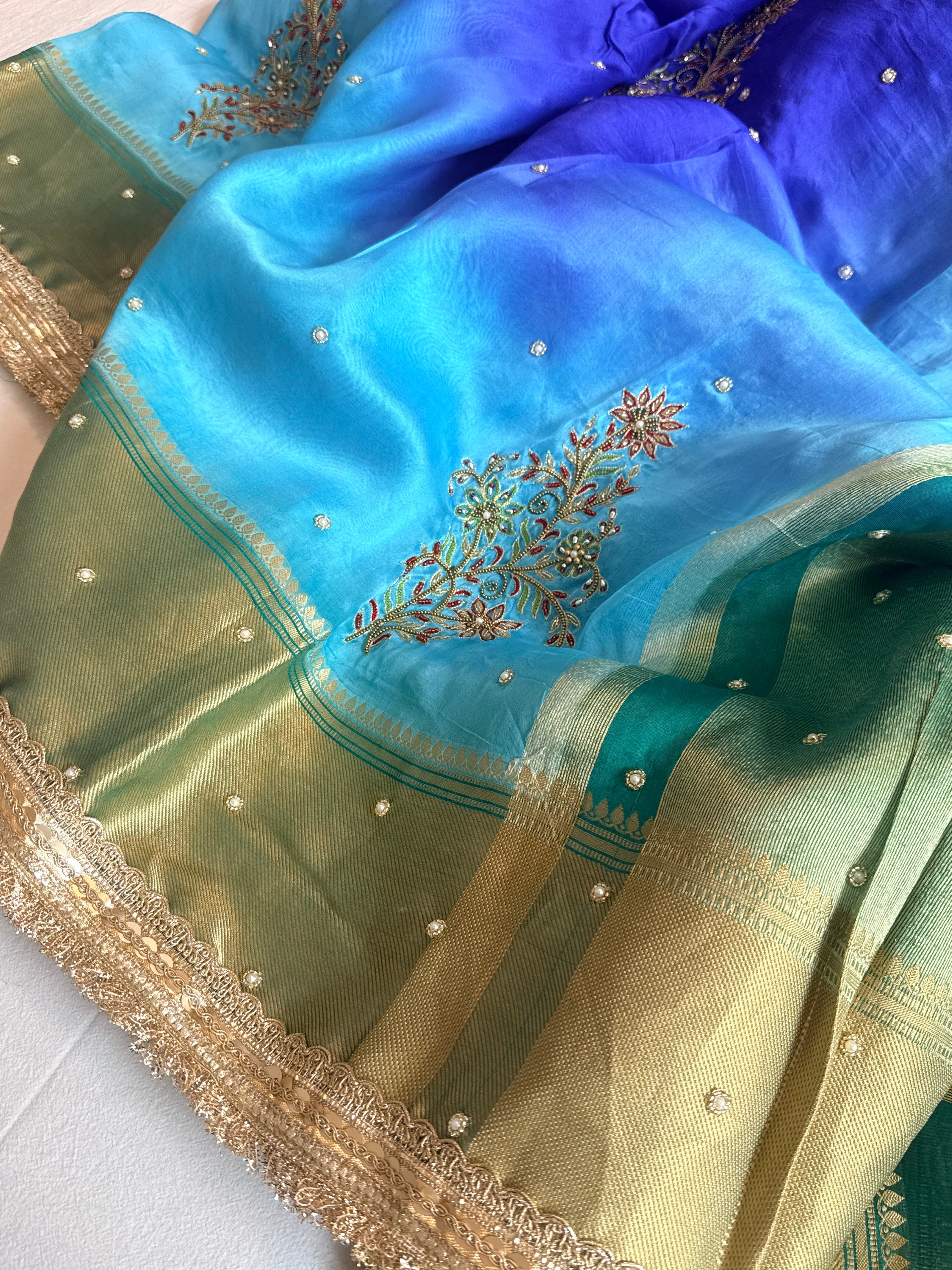 Husn ganga jamuna contrast border kora silk hand embroidered saree