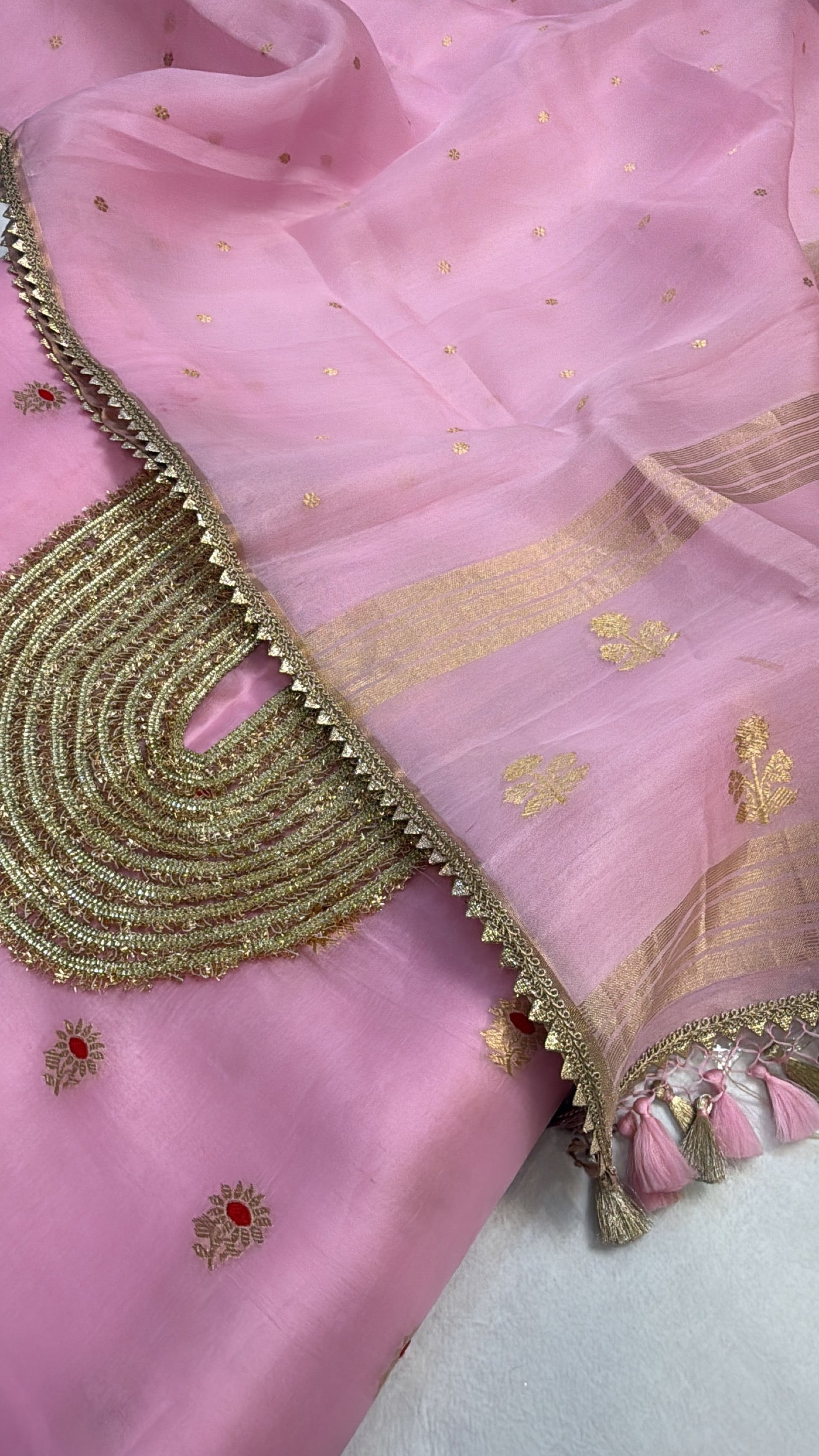 Blush pink kora silk gotapatti hand embroidered suit set